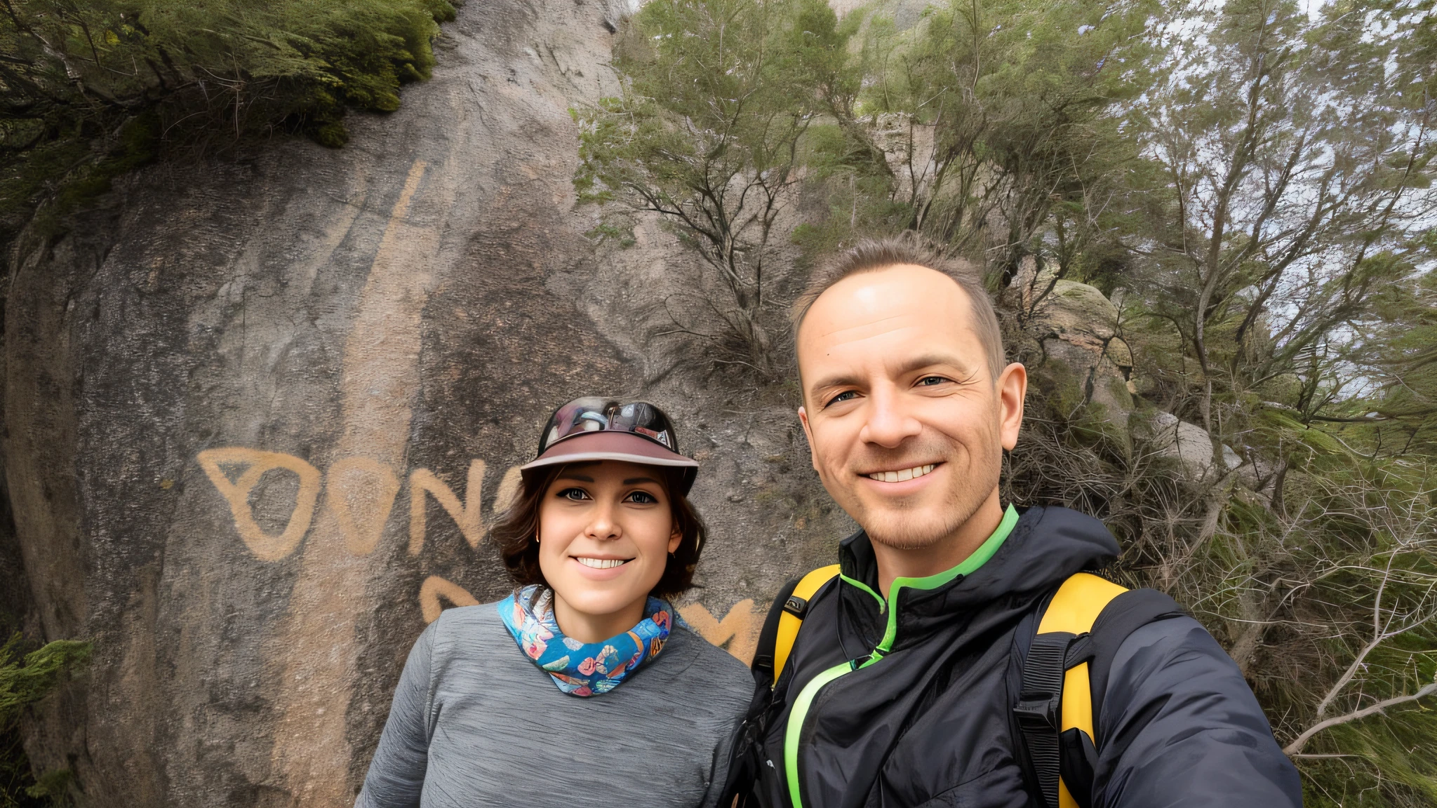 there are two people standing in front of a rock with graffiti on it, by Tom Wänerstrand, profile image, time to climb the mountain path, with mountains as background, selfie photo, on a mountain, profile picture, against the backdrop of trees, profile pic, monserrat gudiol, foto, selfie, by david rubín, on a rock