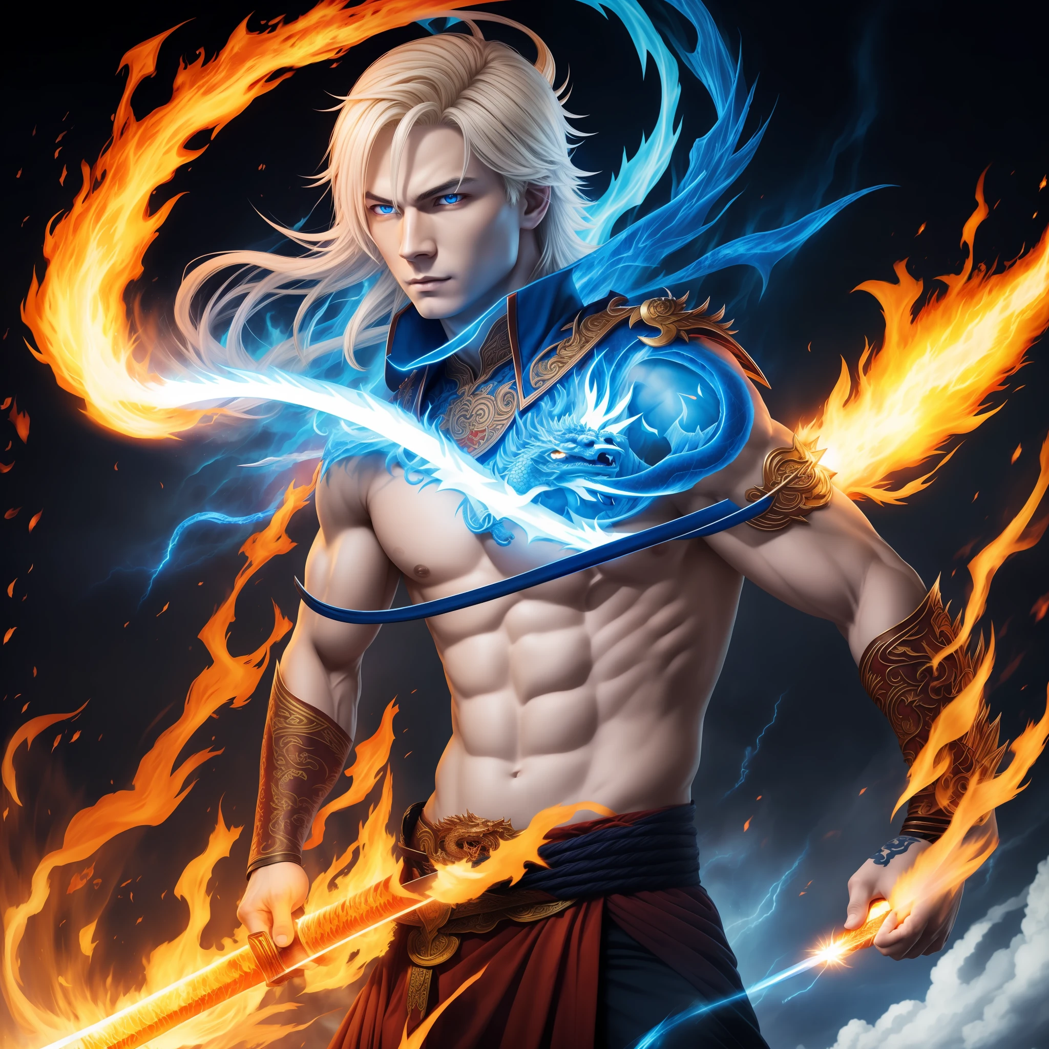 1 man, God of Fire and thunder, Pale blonde hair, upper body to show, Bright blue oriental dragon tattoo on left arm, bright orange oriental dragon tattoo on left arm, bright white pupils, Katana on right hand, serene expression, calm look, flaming aura with blue rays, Fire powers, Lightning powers