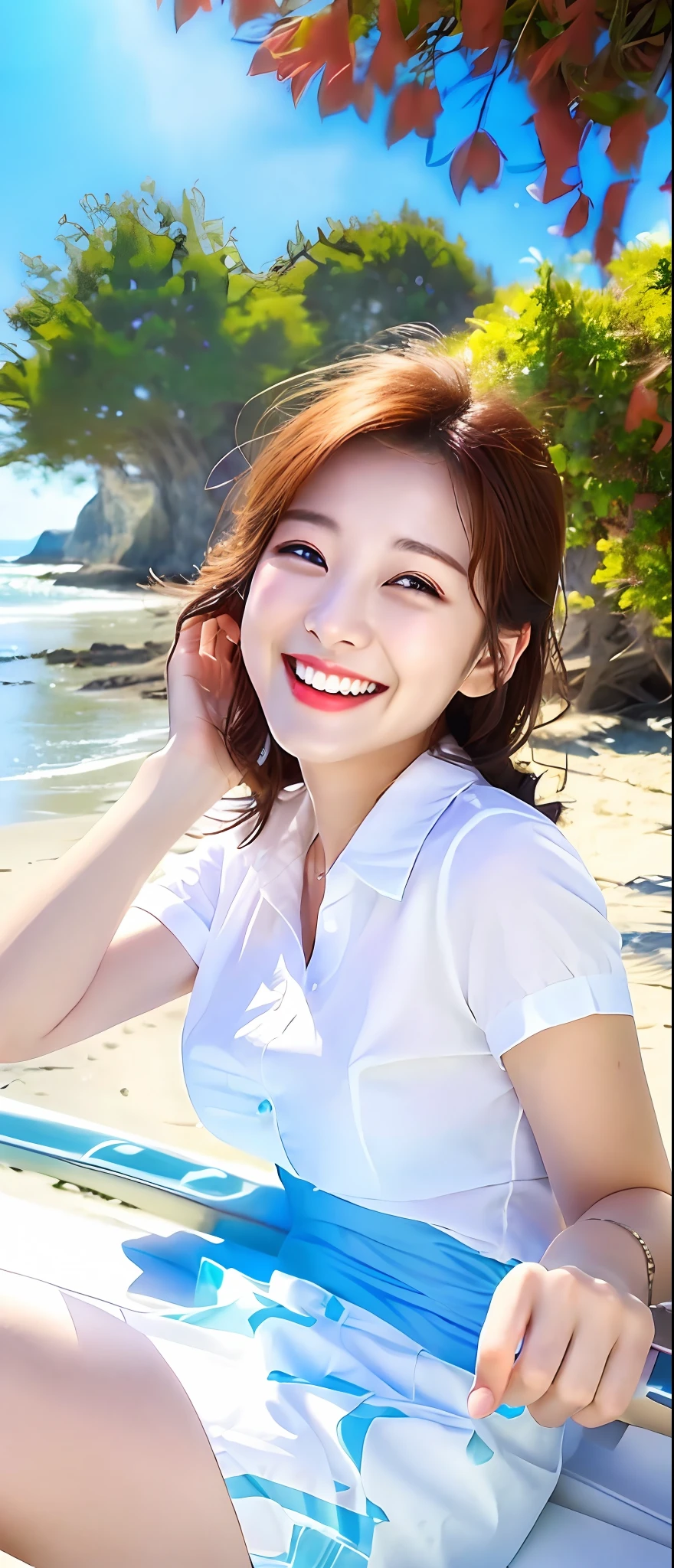 Seaside, laughter, white shirt