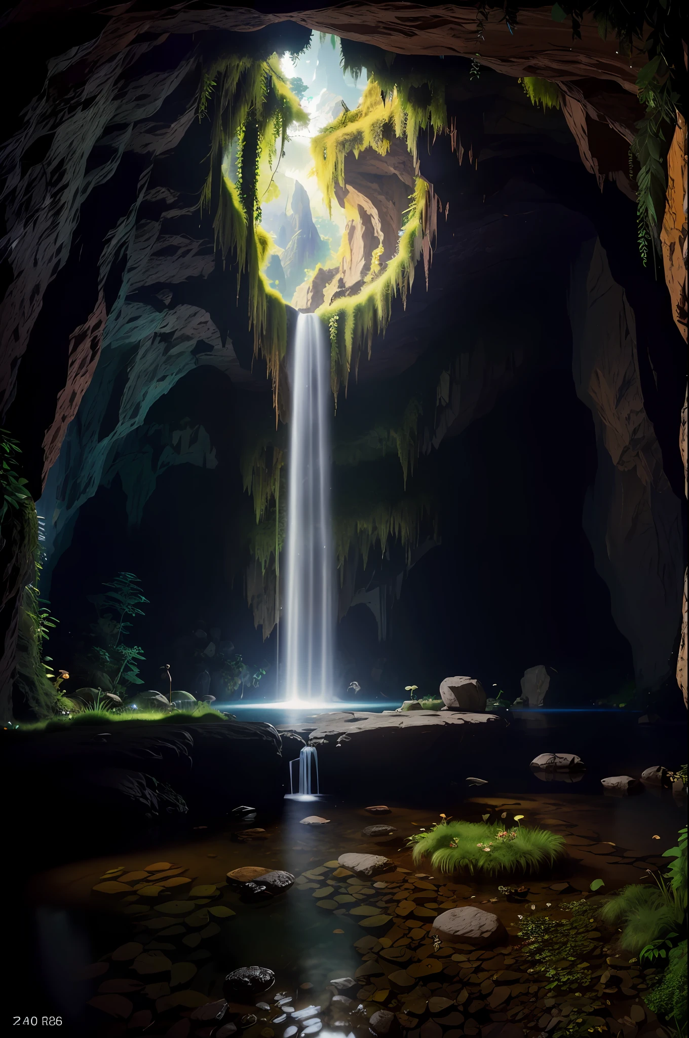 POV, wide angle shot, (beautiful lush underground world, stream, underground castle), (cave), fantasy, natural sunlight from magical orb, raytracing, diffused lighting, vivid colors, (highly detailed, fine details, intricate), photographed on a Sony Alpha 7R V, 24mm ultra wide lens, 8k resolution, Award-winning photograph