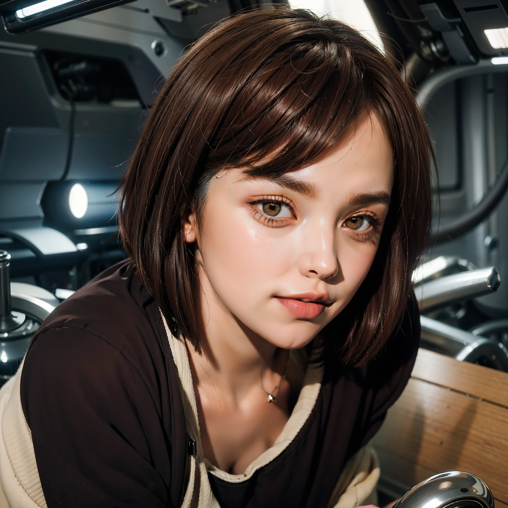 short pixie cut, red brown hair, brown eyes, inside the star destroyer, pregnant girl, jedi