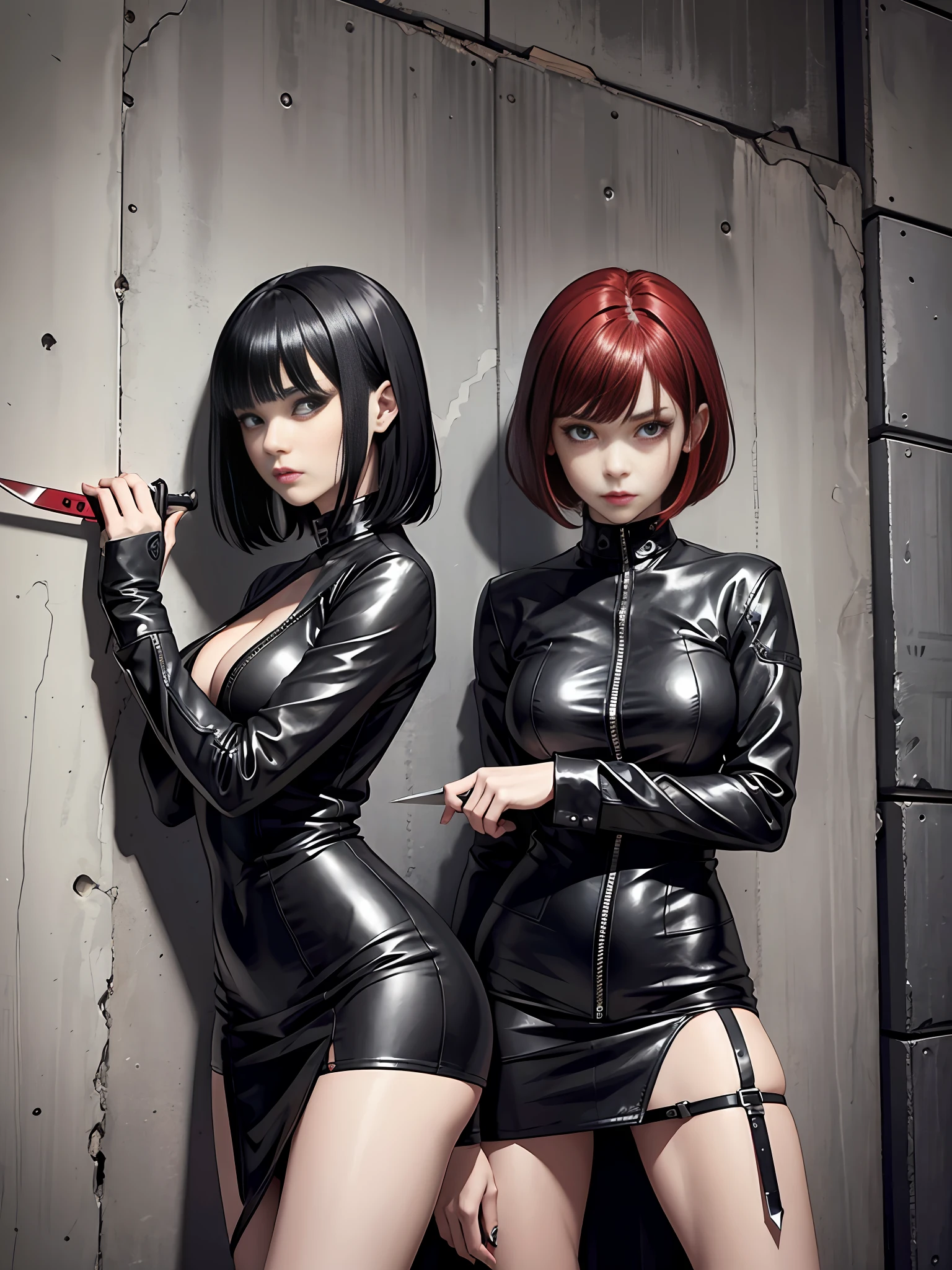 Psychotic sisters of the killer in black leather clothes, full-length shot, perfect bodies, one sitting against the wall, the second standing with a knife, one girl (short black hair), the second girl (red hair with bangs), they are captured and suffer