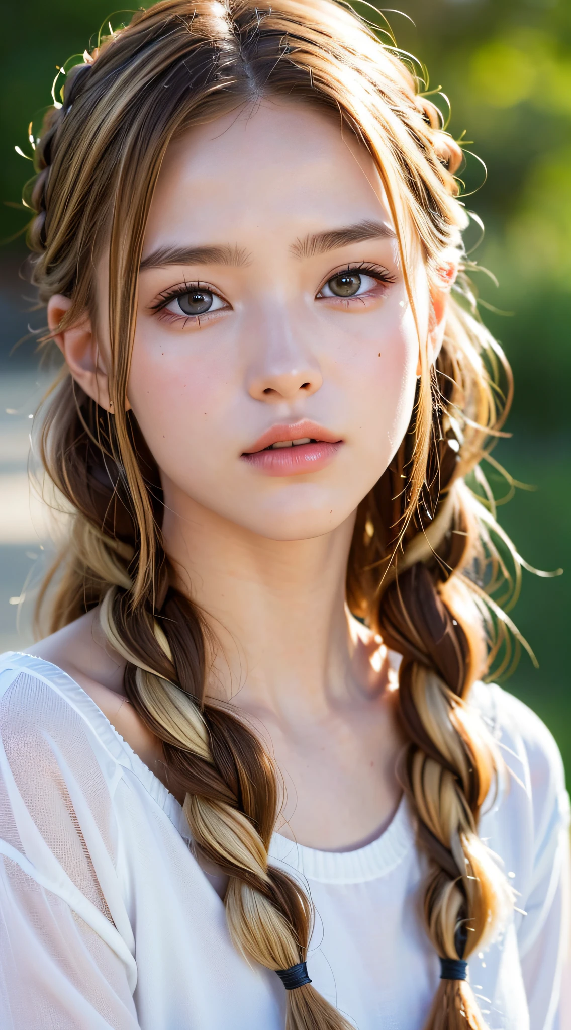 15 year old Caucasian model, close-up, masterpiece, top quality, raw photo, photorealistic, face, incredibly ridiculous, beautiful girl, cute, detailed eyes, one knot of braids, depth of field, high resolution, ultra detail, fine detail, highly detailed, highly detailed eyes and face, sharp pupils, realistic pupils, sharp focus, cinematic lighting , cohesive hairstyle, Blonde, Clean clothing, Face closeup, Masterpiece, Realistic skin texture, Ultra detailed, Lustrous hair and skin