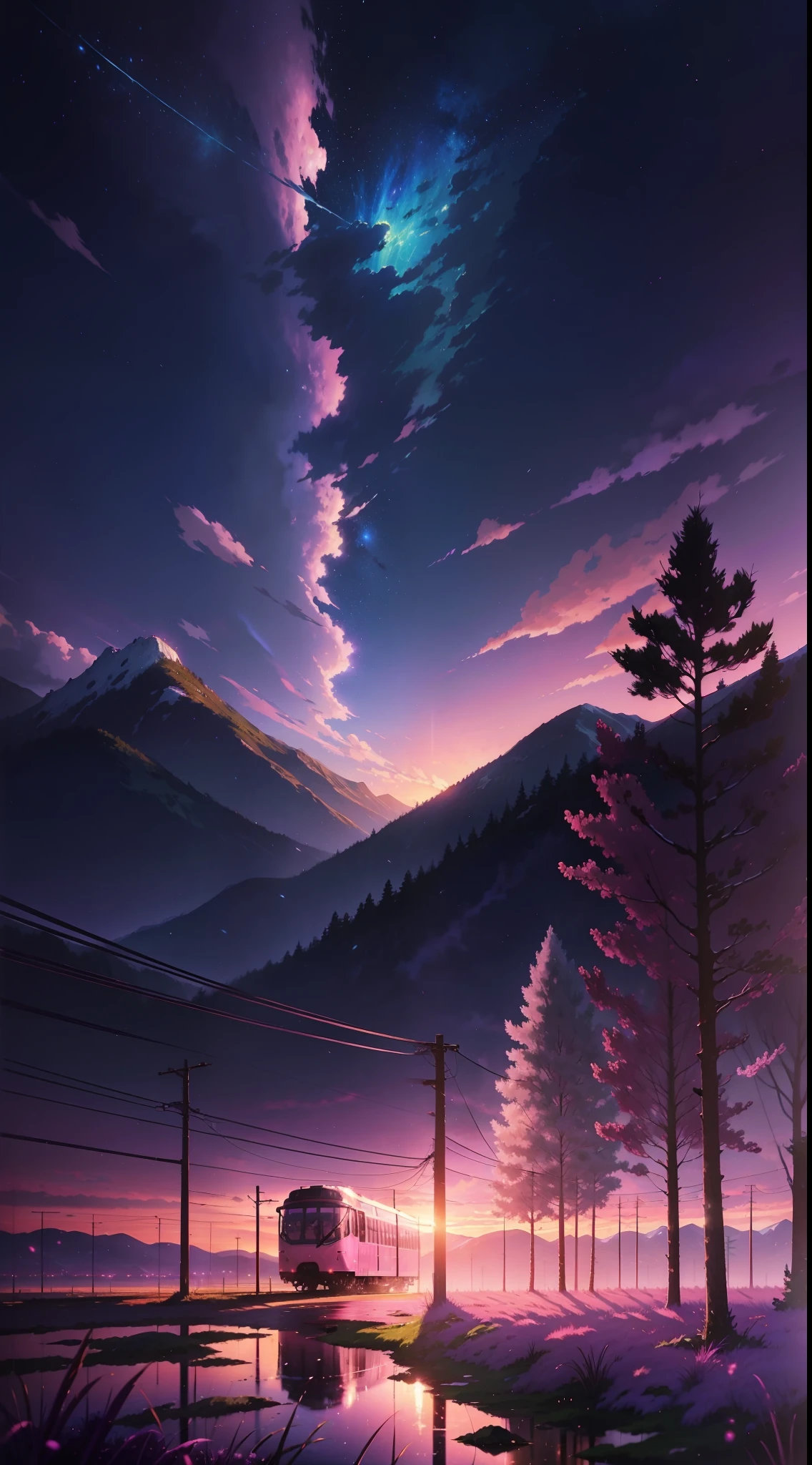 Bright picture, full of light, (((Makoto Shinkai style)), pixiv, anime painting, high quality, pink and violet sky, beautiful scene), (universe, train passing by, magical realism, ((makoto shinkai style)) ::0.8), [artistic atmosphere, atmosphere:0.8, starry sky, hills, snowy mountains, sparkling water, grass, trees, smoke, stars, low viewing angle, high light scattering