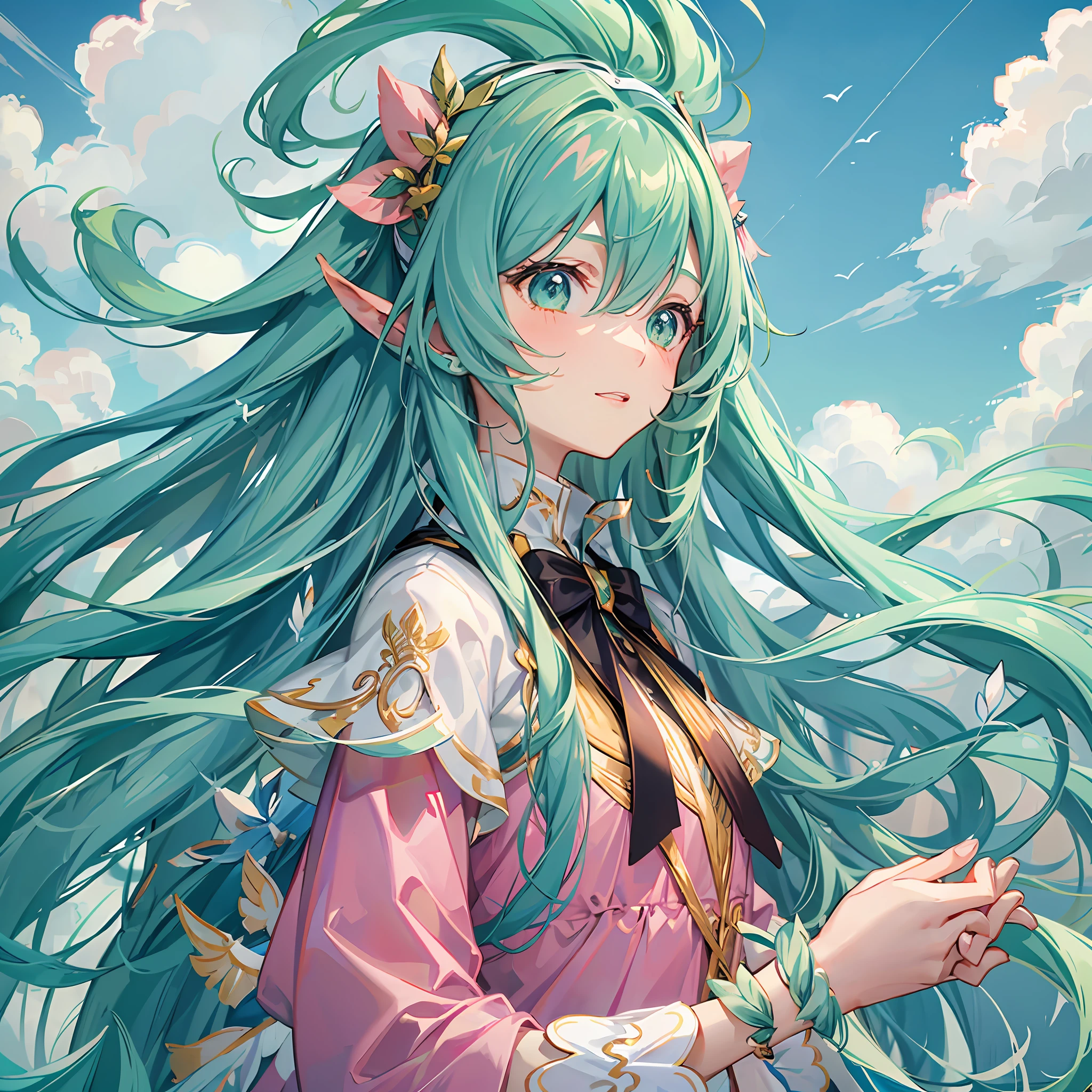 Pink and green gradient long hair, girl, happy expression, blue sky and white clouds, --auto --s2