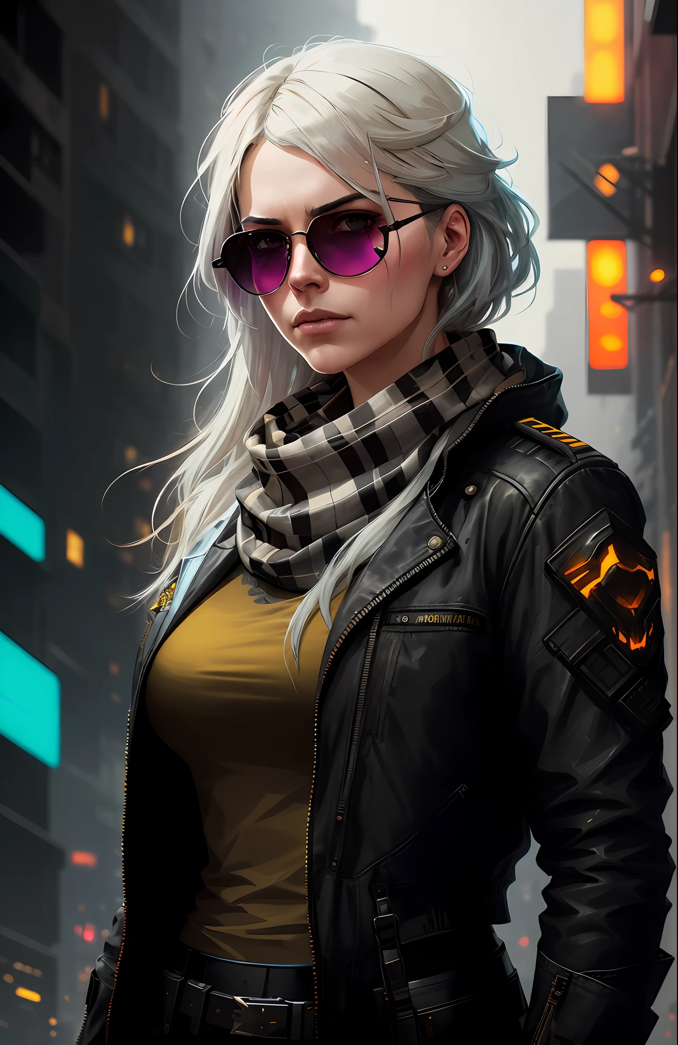 (dark shot:1.1), epic realistic, portrait of halo, sunglasses, blue eyes, tartan scarf, white hair by atey ghailan, by greg rutkowski, by greg tocchini, by james gilleard, by joe fenton, by kaethe butcher, gradient yellow, black, brown and magenta color scheme, grunge aesthetic!!! graffiti tag wall background, art by greg rutkowski and artgerm, soft cinematic light, adobe lightroom, photolab, hdr, intricate, highly detailed, (depth of field:1.4), faded, (neutral colors:1.2), (hdr:1.4), (muted colors:1.2), hyperdetailed, (artstation:1.4), cinematic, warm lights, dramatic light, (intricate details:1.1), complex background, (rutkowski:0.66), (teal and orange:0.4)