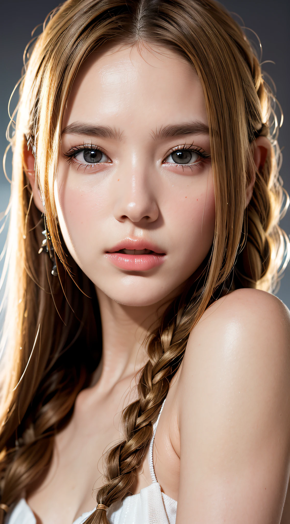Caucasian model at , close-up, masterpiece, best quality, raw photo, photorealistic, face, incredibly ridiculous, beautiful girl, cute, detailed eyes, one knot in braid, depth of field, high resolution, ultra detail, fine detail, very detailed, very detailed eyes and face, sharp pupils, realistic pupils, sharp focus, cinematic lighting , cohesive hairstyle, Blonde, Clean clothing, Face closeup, Masterpiece, Realistic skin texture, Ultra detailed, Lustrous hair and skin