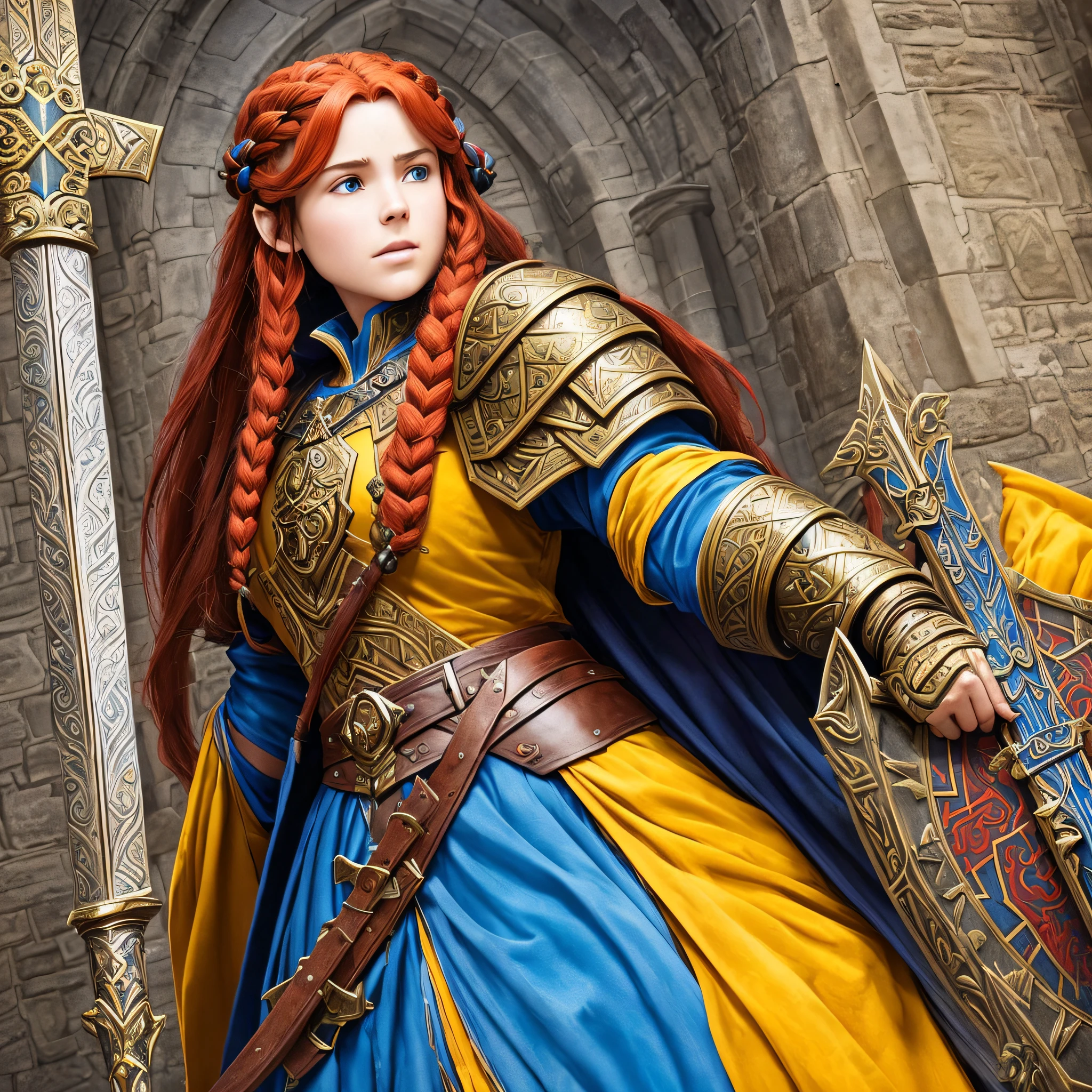 D&D art Full body, (Masterpiece, best quality). Female, dwarf (Masterpiece, best quality). Cleric, (Masterpiece, best quality) , with a long, braided red hair (Masterpiece, best quality). Armed in the right hand with a yellow, radiant sword, with runes on it (Masterpiece, intense details). Holding a shield in the left hand (Masterpiece, intense details). Wearing heavy Armor and shield (Masterpiece, intense details). Donning bellowing blue cloak with axe sigils (Masterpiece, intense details) with a cathedral background (Masterpiece, intense details) --auto --s2