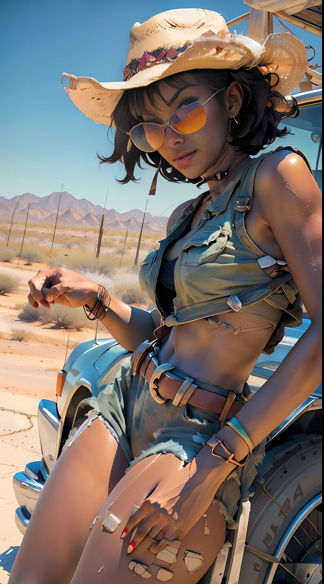 Beautiful african american woman,sweaty body,short hair with cowboy hat, sunglasses, short underwear, thick thighs set body, bottom up angle,8k, ultra realistic,on a sunny desert road,with car planes and destroyed buildings,apocalyptic scenery