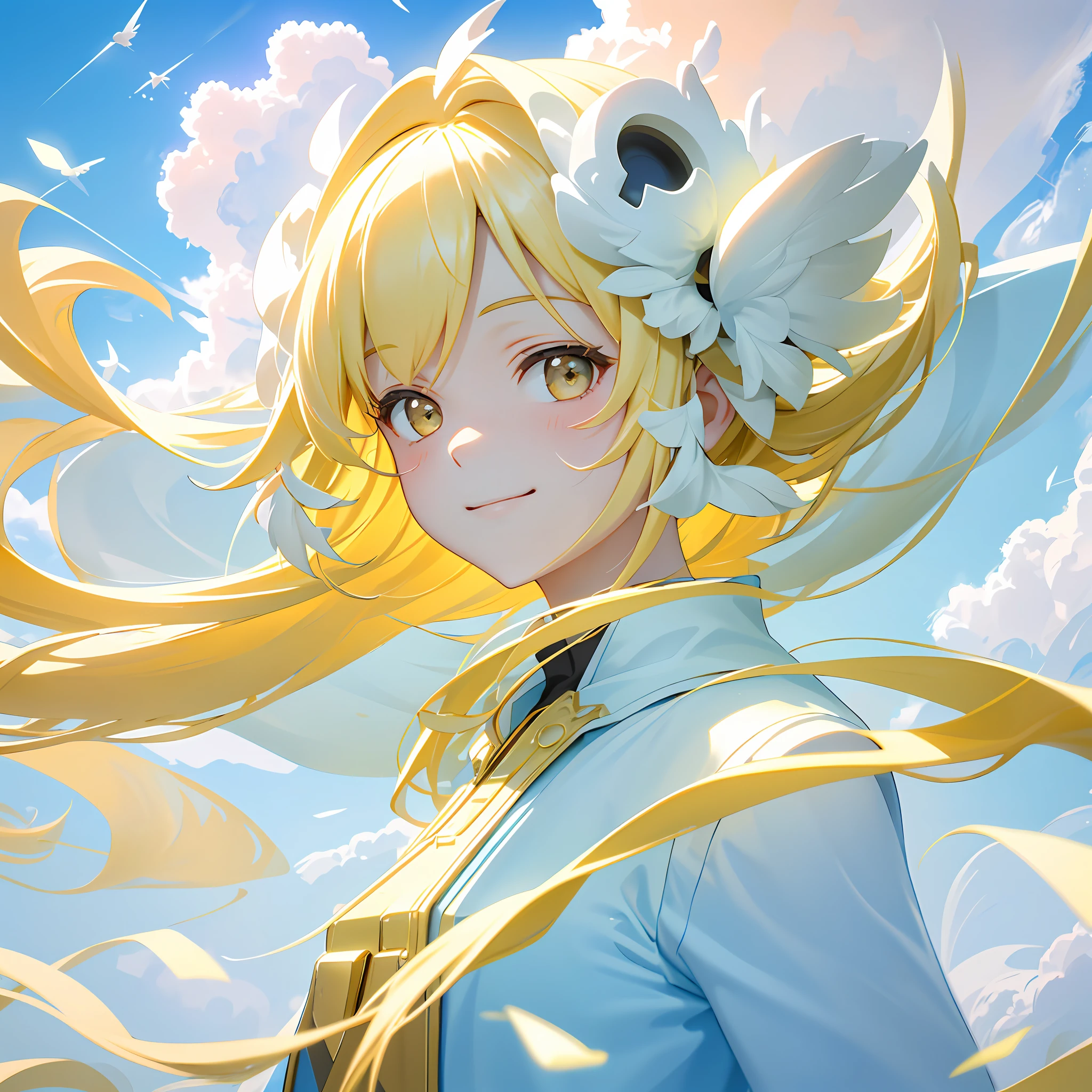 Masterpiece, Best Quality, Movie Stills, 1Girl, Floating in the Sky, Cloud Girl, Clouds, (Close-up: 1.1), Bright, Happy, Funny, Soft Lighting, Pale Yellow Hair, Smile