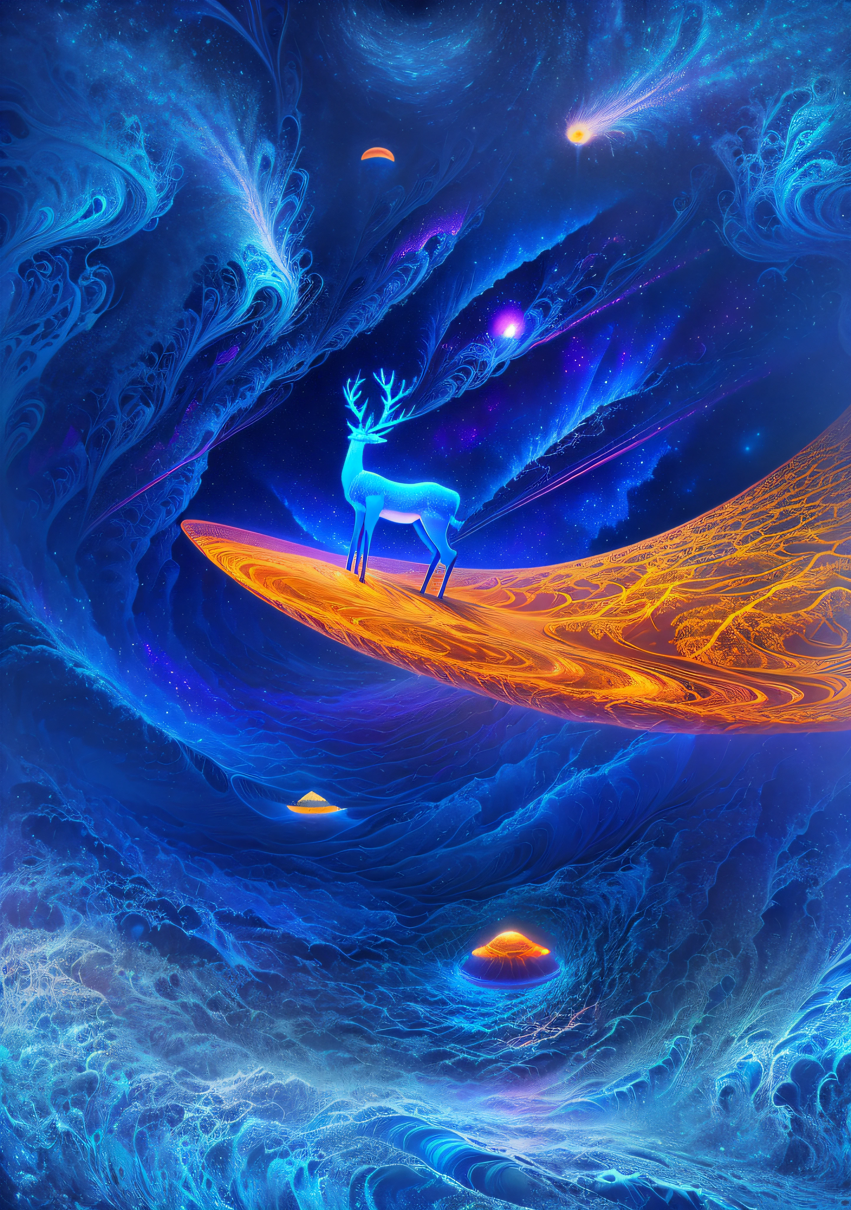 A deer standing on a moon shaped object in the sky and dreaming of electric sheep, blurry and dreamy illustration, calm night. Digital illustration, Blurred and dreamlike illustration, Amédée Ozenfant, dreamlike illustration, in astral plane)) ), colorful plane surreal ethereal, in cosmic realm, in surreal dreamy landscape, light shadows, waves, multiple layers, Foreground, vista, fractal thunder Dan Mumford, Dan Mumford and Alex Gray style, psychedelic surreal art, surreal psychedelic design, fantasy art style, illusion psychedelic art, infinite psychedelic waves , inspired by Cyril Rolando, real ripple structure, psychedelic art style, psychedelic art, psychedelic illustration -- V6