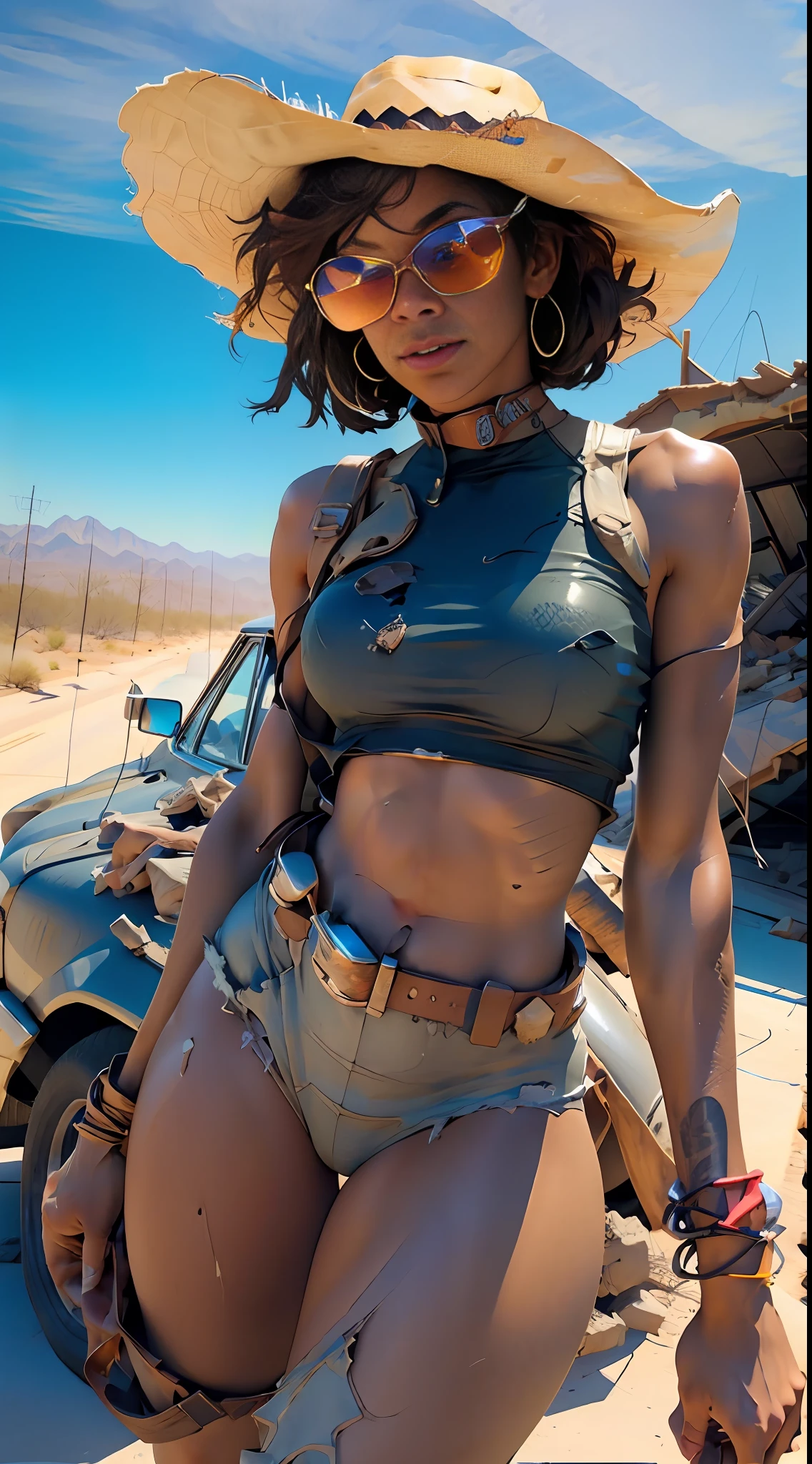 Beautiful african american woman,sweaty body,short hair with cowboy hat, sunglasses, short underwear, thick thighs set body, bottom up angle,8k, ultra realistic,on a sunny desert road,with car planes and destroyed buildings,apocalyptic scenery