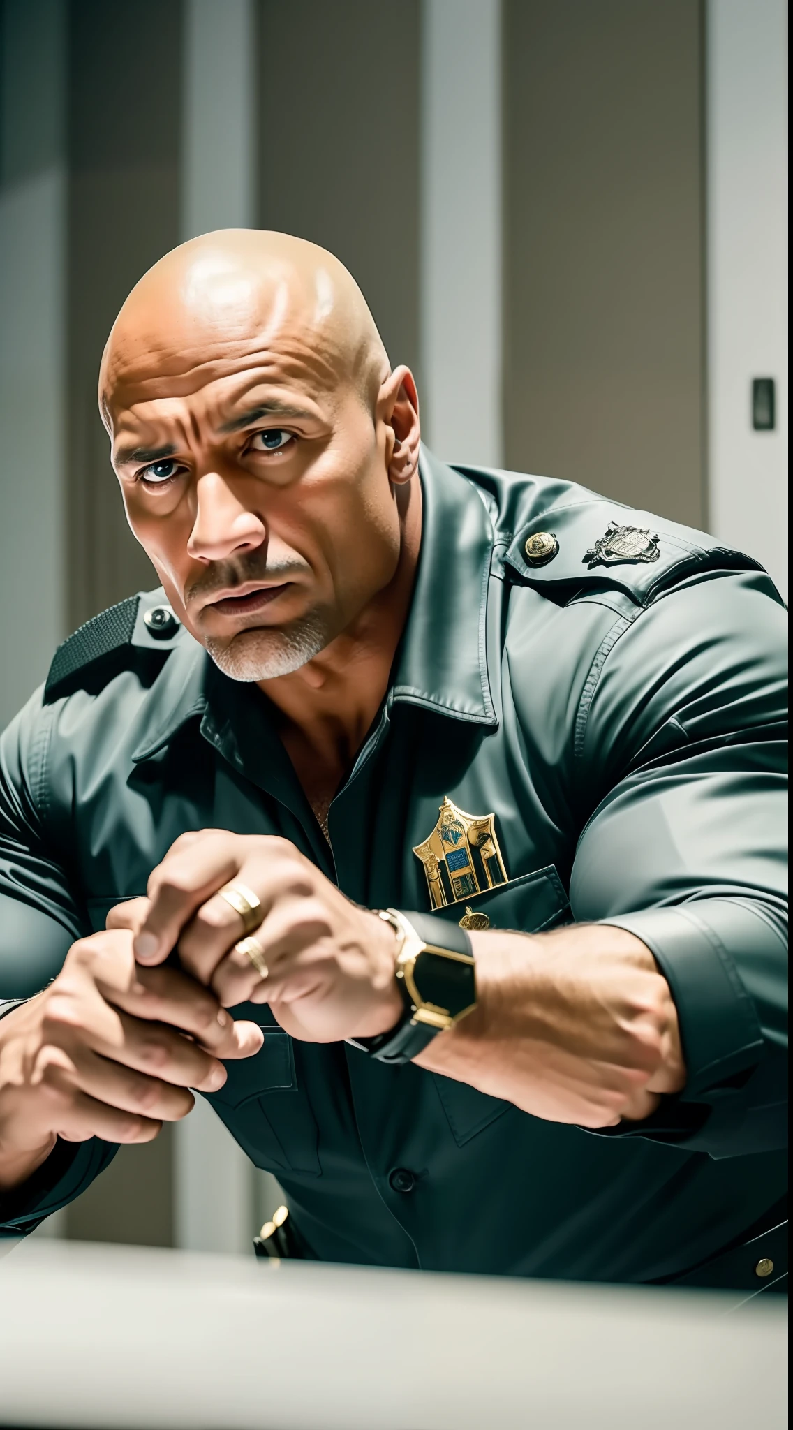 (Best quality, 8k, 32k, masterpiece, UHD: 1.2), actor The Rock playing the role of a skilled cop at an intriguing crime scene, examining clues and interrogating suspects, wrapped in an atmosphere of mystery and suspense, realistic, crime scene.