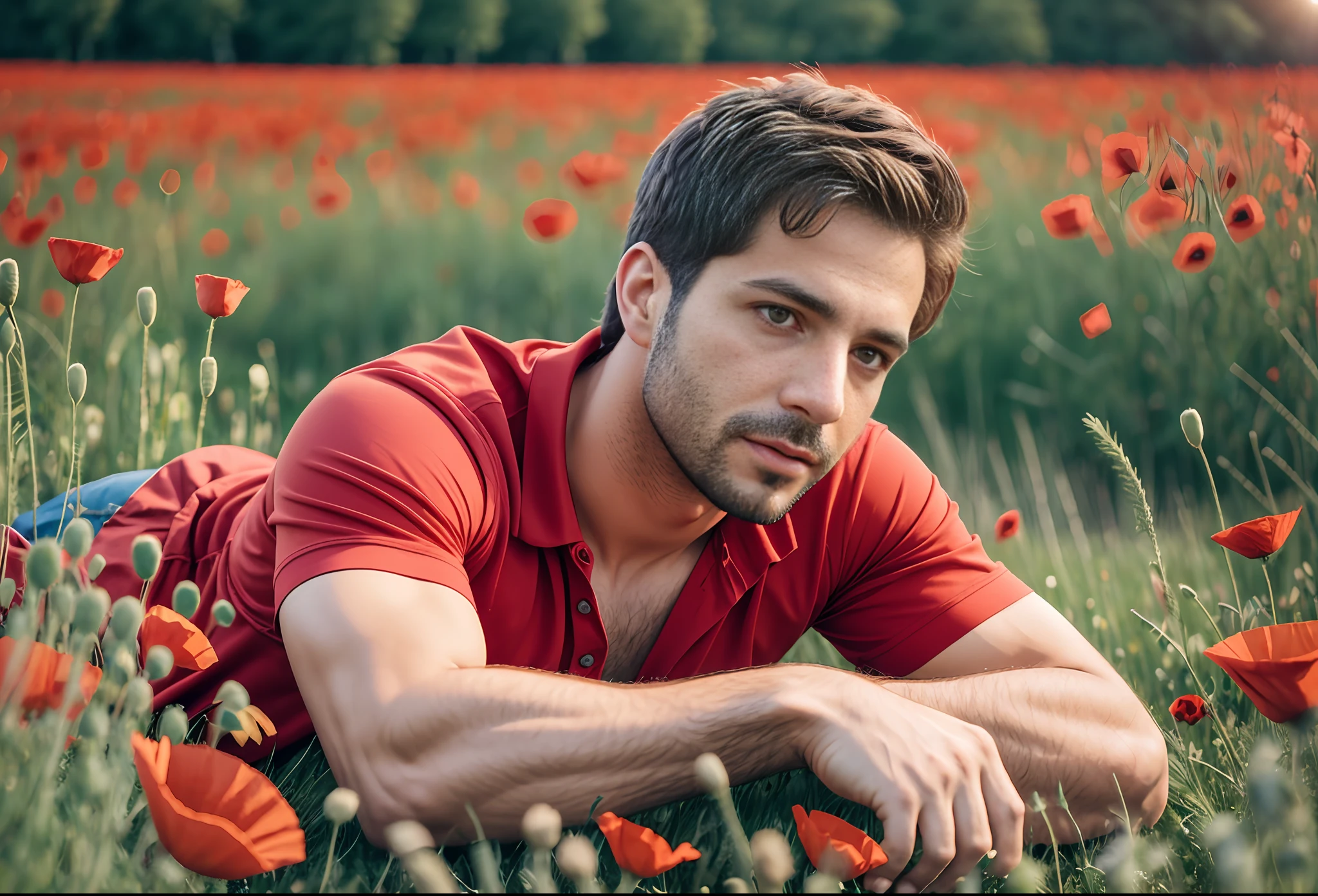 Pablo alboran, 25 year old. Fit body. Dressed in red boxer. Lying in a meadow surrounded by red poppies. Photorealistic, hyperdetailed, high quality, 8k --auto --s2