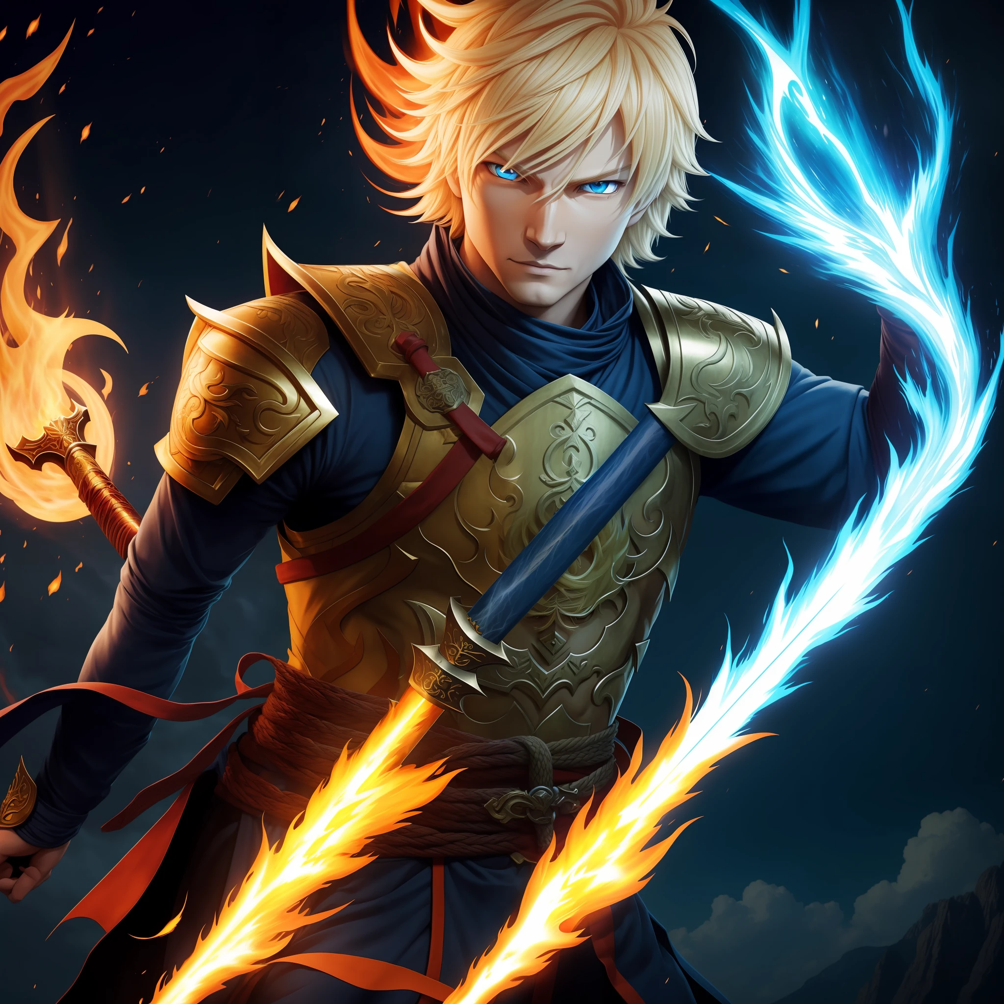 1 man, Jaune Arc, God of Fire and thunder, Pale blonde hair, upper body to show, Bright blue oriental dragon tattoo on left arm, bright orange oriental dragon tattoo on left arm, bright white pupils, Katana on right hand, serene expression, calm look, flaming aura with blue rays, Fire powers, Lightning powers