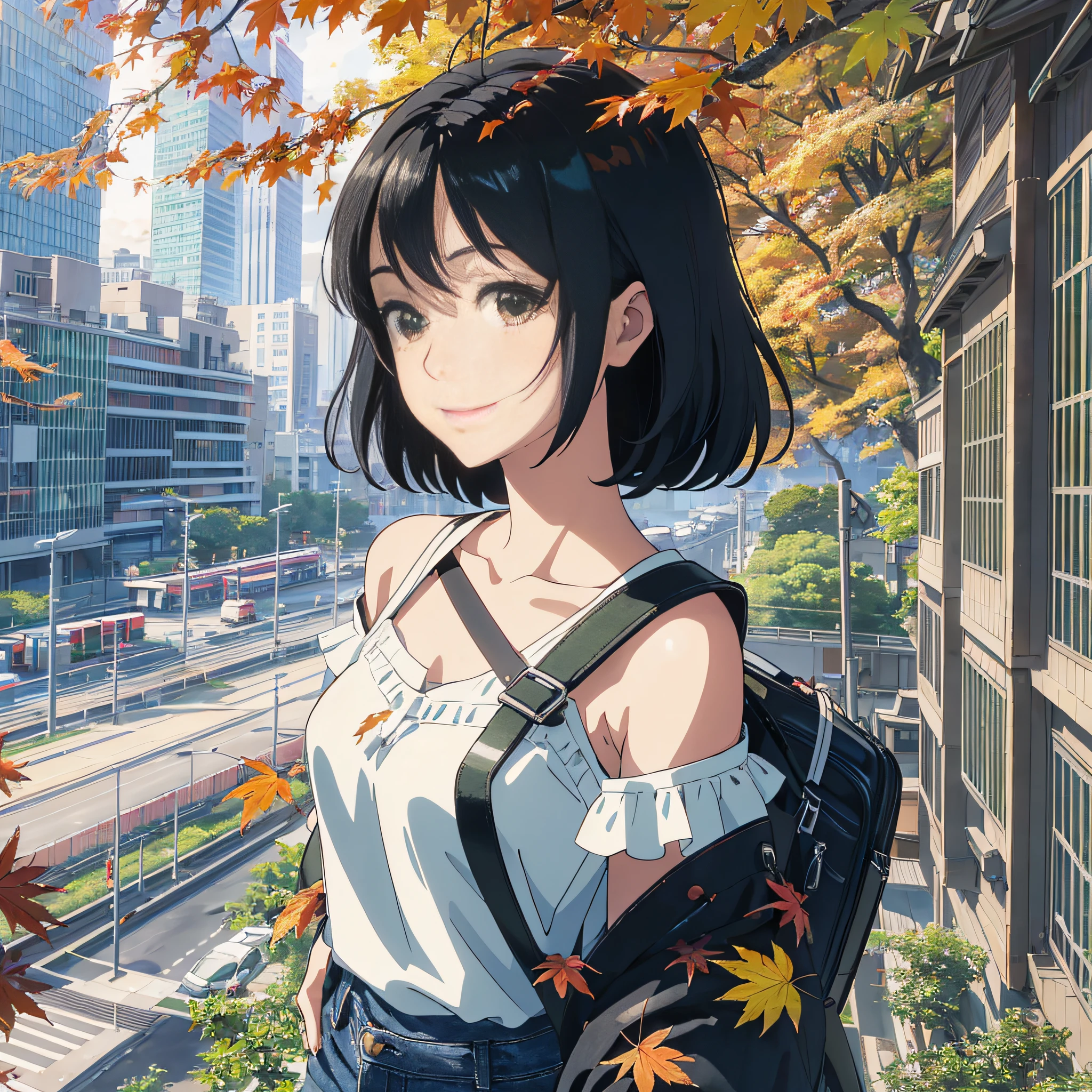 The camera shows female characters in the style of Japanese anime from the bottom up, with sharp brushstrokes, black hair and green eyes smiling, wearing white shirt jeans, one-shoulder backpack, falling leaves scattered in the early autumn morning, outdoor clouds surrounding, city skyscrapers standing in the distance; The picture is finished with a maple tree. --auto --s2