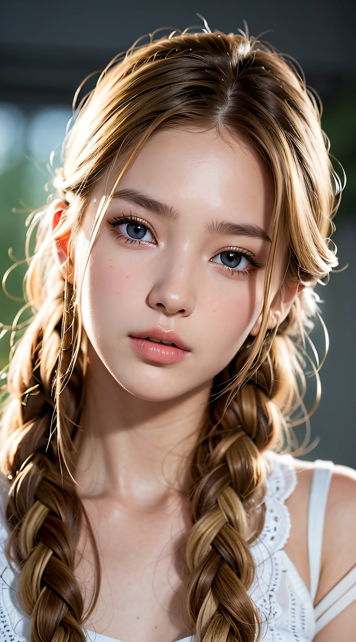 15 year old Caucasian model, close-up, masterpiece, top quality, raw photo, photorealistic, face, incredibly ridiculous, beautiful girl, cute, detailed eyes, one knot of braids, depth of field, high resolution, ultra detail, fine detail, highly detailed, highly detailed eyes and face, sharp pupils, realistic pupils, sharp focus, cinematic lighting , cohesive hairstyle, Blonde, Clean clothing, Face closeup, Masterpiece, Realistic skin texture, Ultra detailed, Lustrous hair and skin