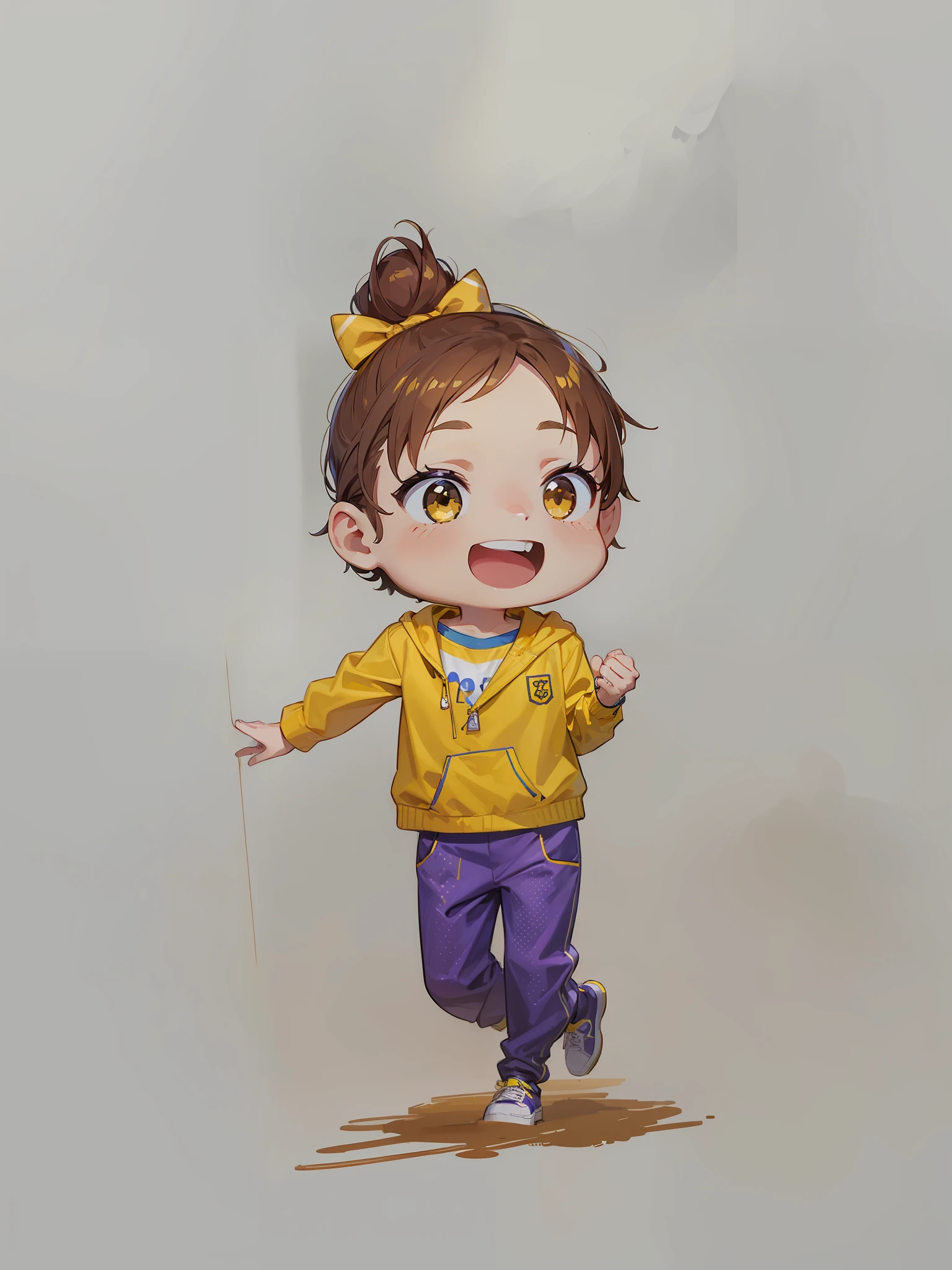 High quality, 8k, girl, (yellow jacket), inside in yellow and blue shirt, wearing watch, hello, bow hair card, purple pants, smile with open mouth, happy, cute style, brown hair, summer, land, little tiger tooth,