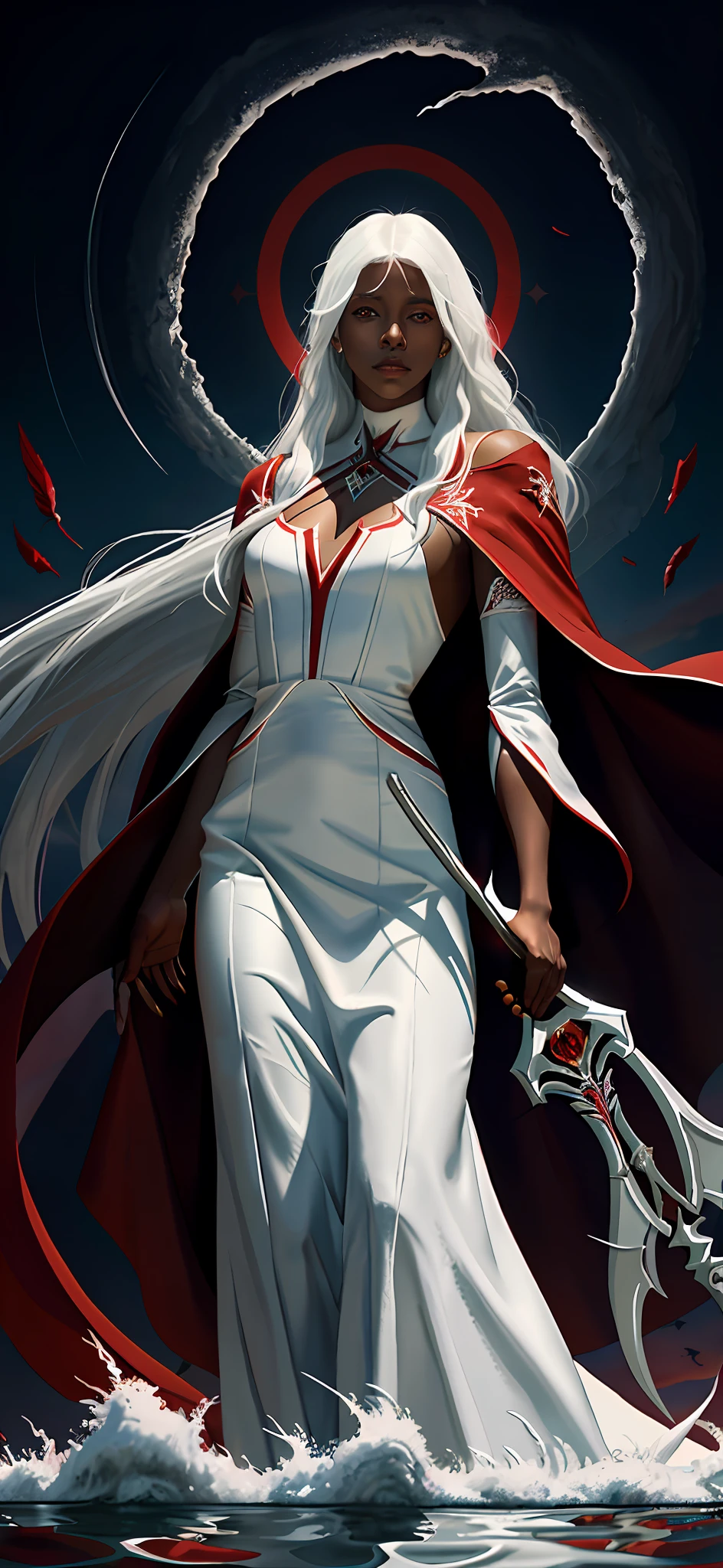 1 young black man, dark skin elf man with long white hair and 1 woman with a white gown and white hair, painting of a red kite flying in the air over a body of water, scythe, long torn red cape, a red cape, with a red halo over her head, dressed in a beautiful red cloak, devotion to the scarlet man, red cloak, bastien lecouffe - deharme, reminded me of the grim reaper, K-pop style