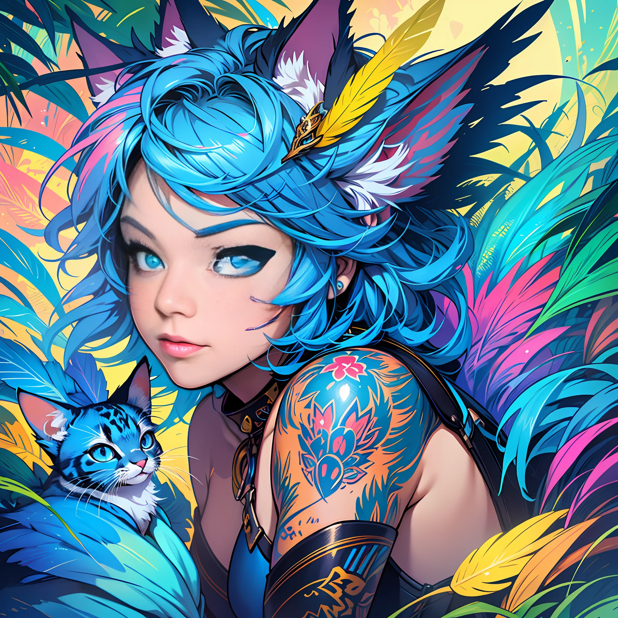 Araped kitten with blue hair and colorful feathers, colorful digital fantasy art, colorful digital art, fantasy art style, beautiful digital artwork, 4K highly detailed digital art, wonderful digital illustrations