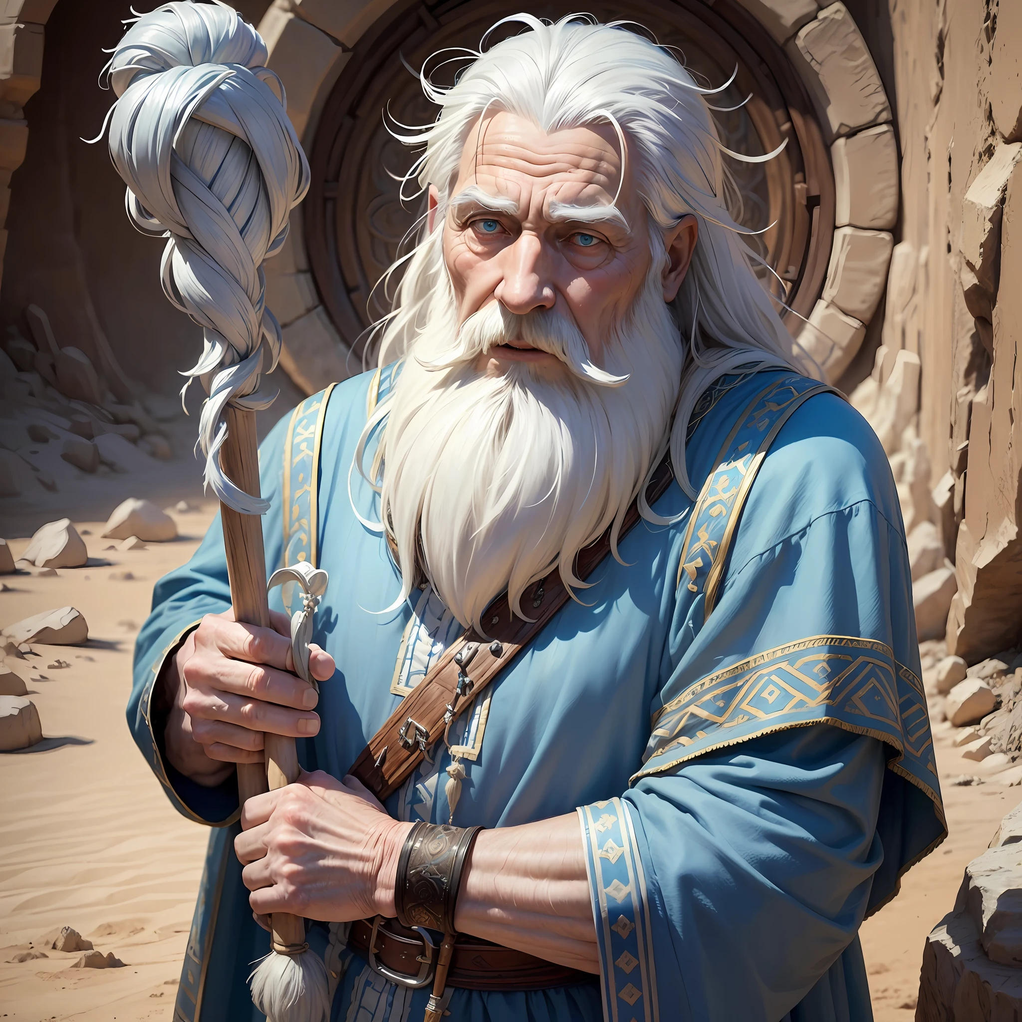 ( best quality, 8k, masterpiece ), (biblical character Noah, blue tunic, white beard and white hair, a 100-year-old gentleman, face aged by time, with a staff in his hand, in the middle of the desert) --auto --s2