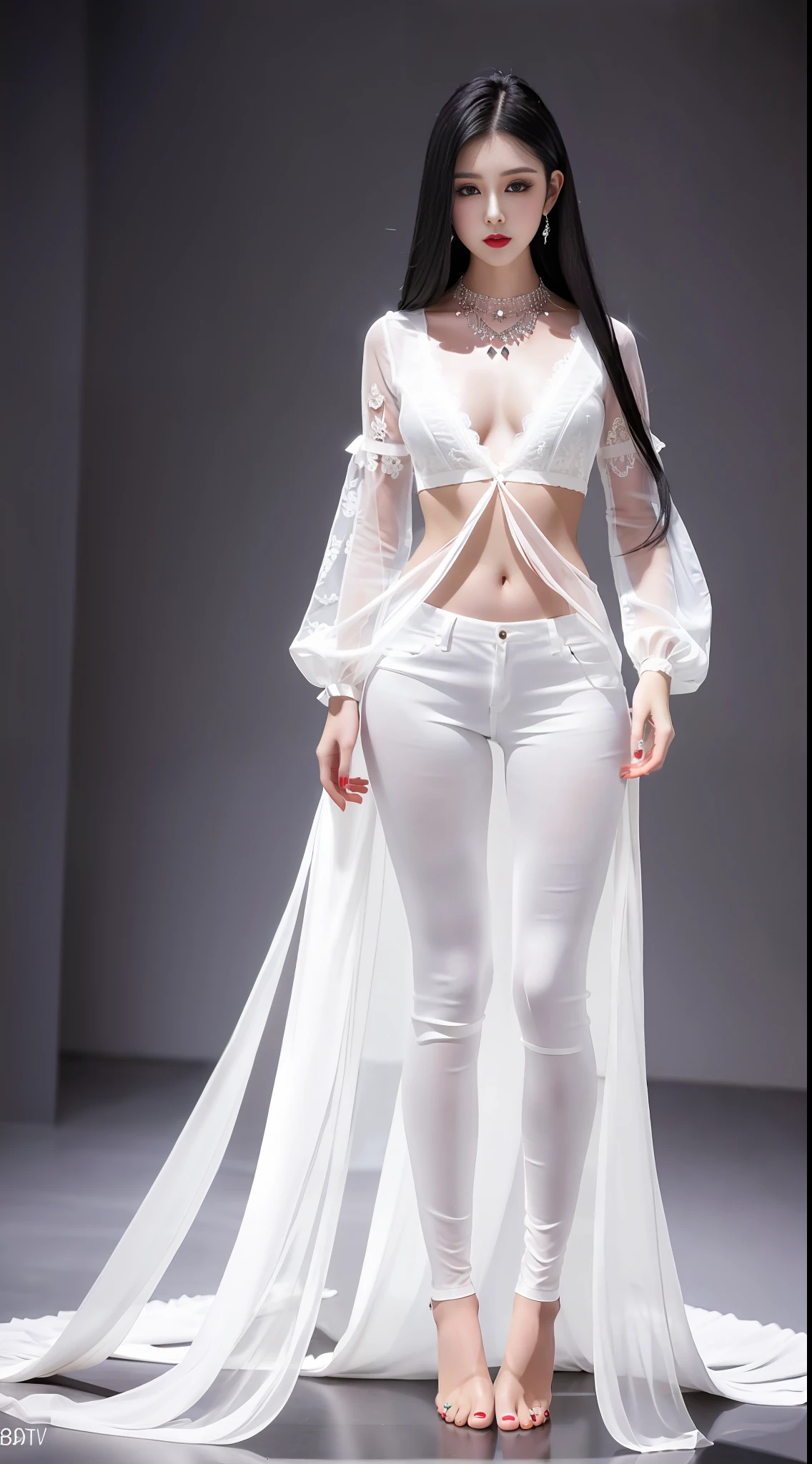 8K Ultra HD, Long Black Hair, Beauty, Pretty, White Lace Shirt, Clear Flared Pants, Necklace, Lipstick, Standing, Symmetry, (Full body: Perfect face, slender legs, bare feet)