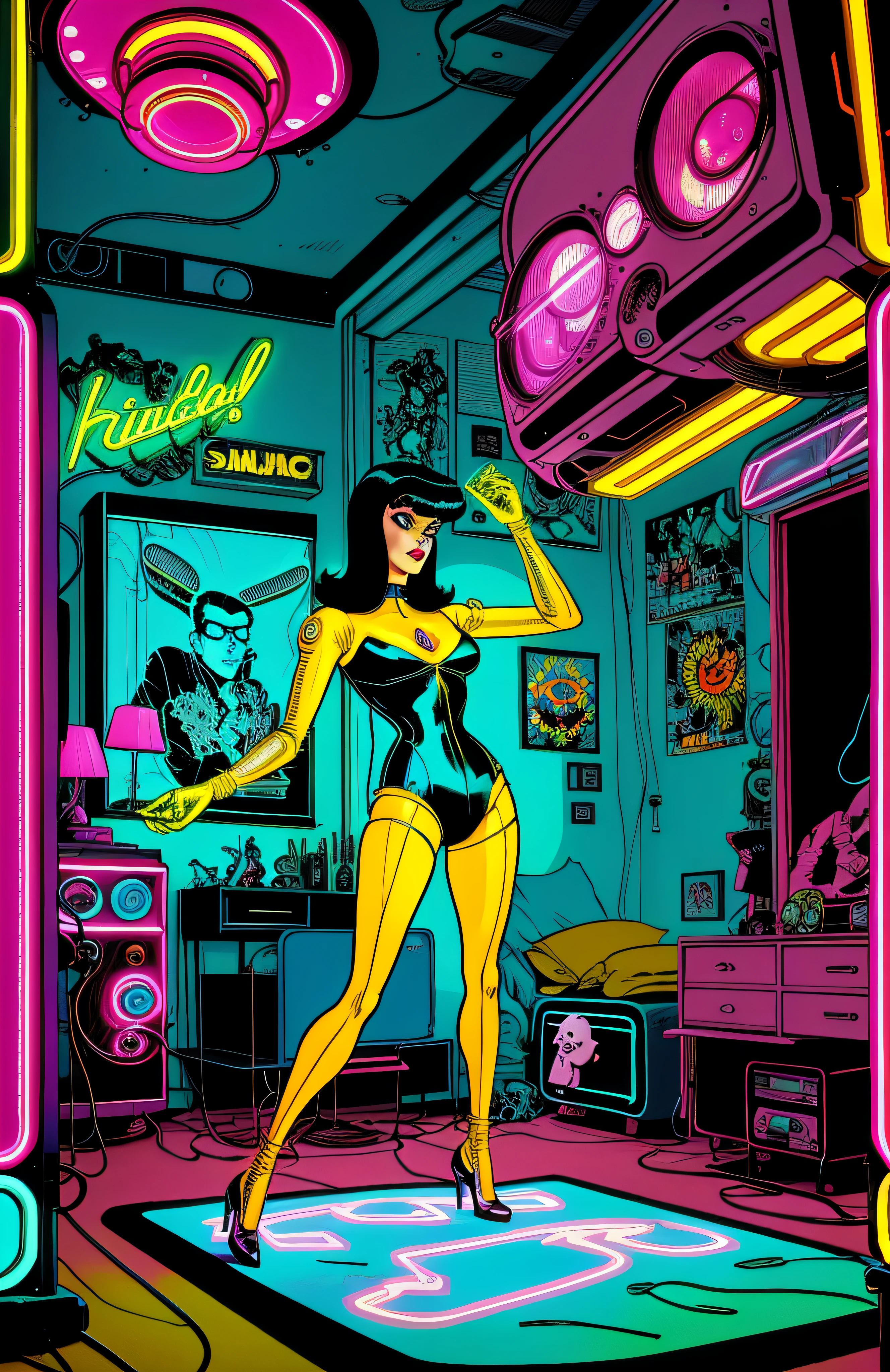 Vintage 60's cartoon style. cluttered bedroom interior; teenage youth inside a bedroom; by Hajime Sorayama, Greg Tocchini, Virgil Finlay, popart, colors, neon lights. line art.