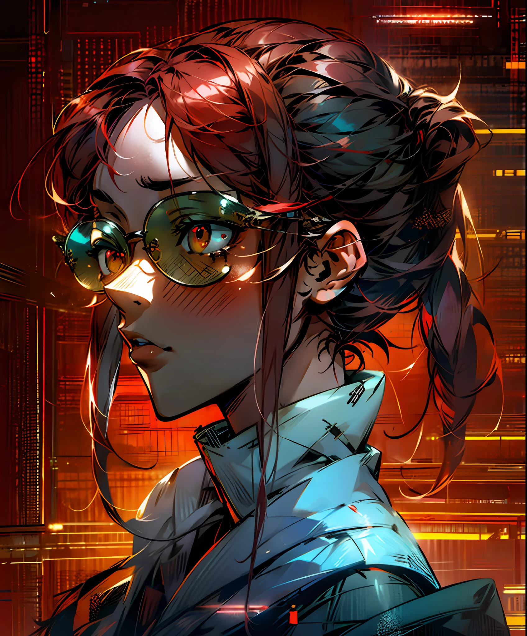red hair, twintails, sunglasses, mole under eye, gradient eyes, blush, Futurism, anime, chiaroscuro, cinematic lighting