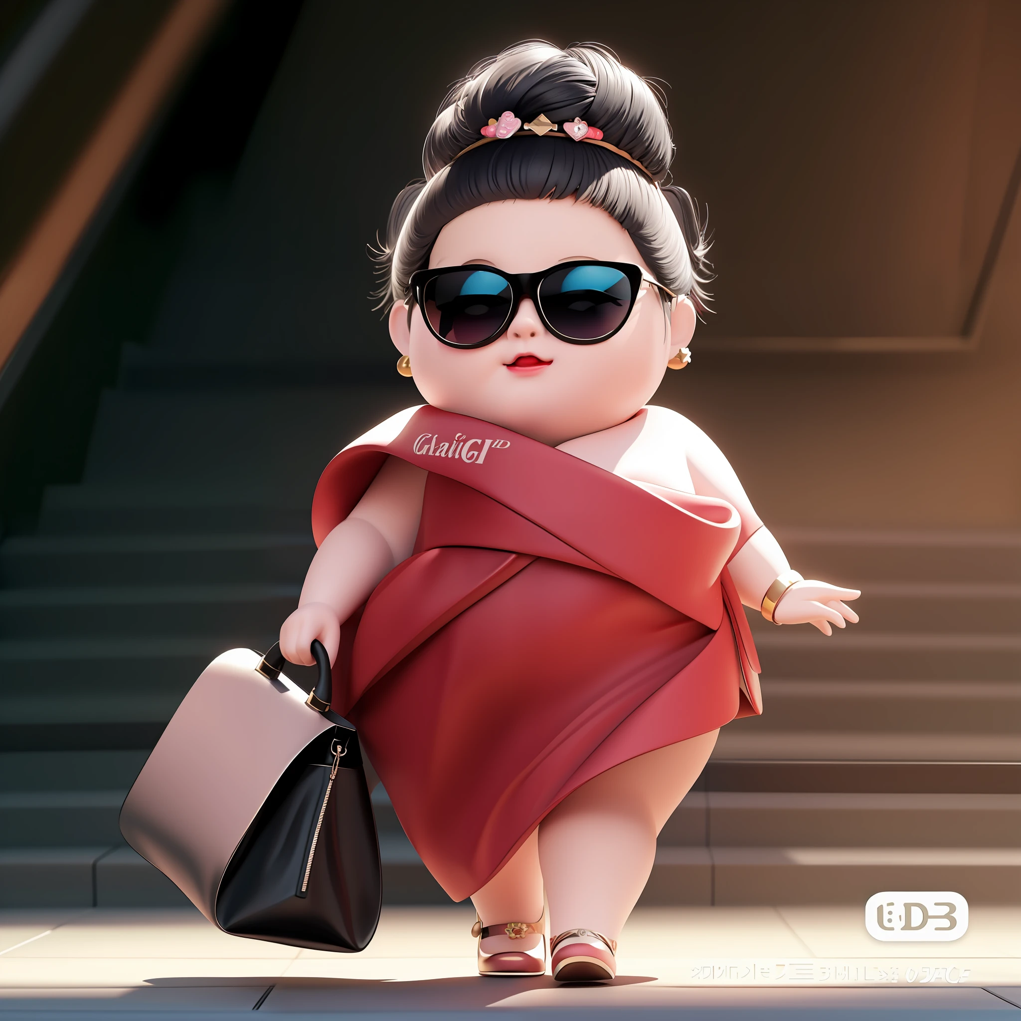 Cartoon character walking down stairs of fat woman in black dress and sunglasses, cute digital painting, cute 3D rendering, cute digital art, cute cartoon characters, cute detailed digital art, cute woman, cute artwork, digital cartoon painting art, popular on cgstation, 3D cartoon