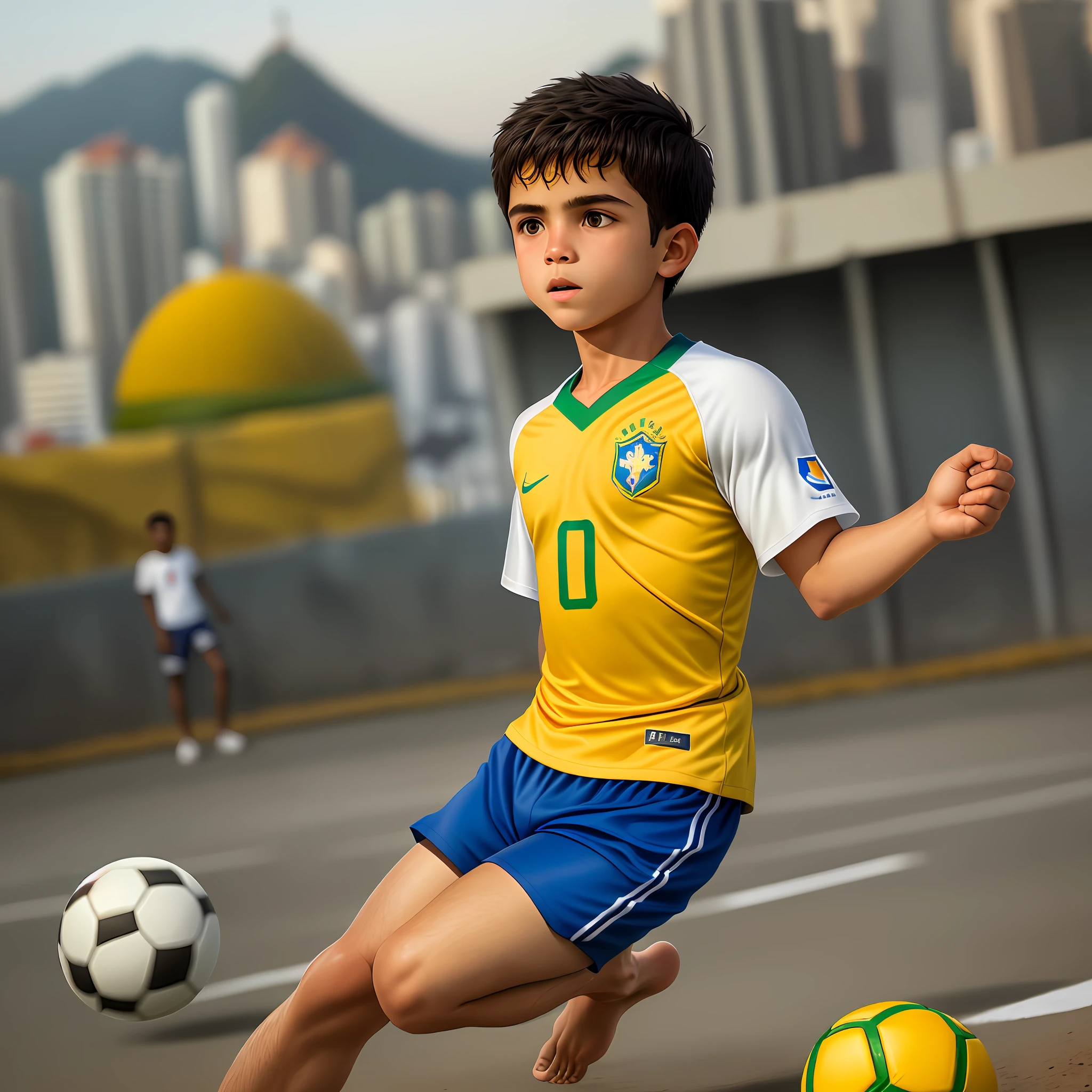 Boy of white color, short hair, dark blond and straight, with the yellow Brazil shirt emblazoned the name Brazil in the middle, playing barefoot ball alone, on a soccer field in the favela in the city of Rio de Janeiro, with the wonderful landscape of the tourist spot sugar loaf and Christ the Redeemer.