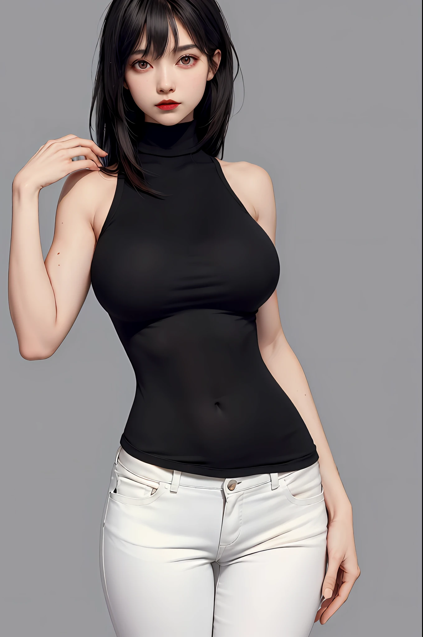Girls, Bangs, Bare Shoulders, Black Pants, Breasts, Breasts squeezed together, Grey background, Hair between the eyes, Huge breasts, Long hair, View Viewer, Pants, Parted lips, Red eyes, Shirt, Simple background, Sleeveless, Sleeveless shirt, Solo, Turtleneck, V arm, White hair,(Shiny skin),(Masterpiece:1.4),(Best quality:1.4),,Facigirl,Red lips,Perfect abs, Navel out, (nipple: 1.5), (transparent areola), nipple, huge, sweat, whole body,