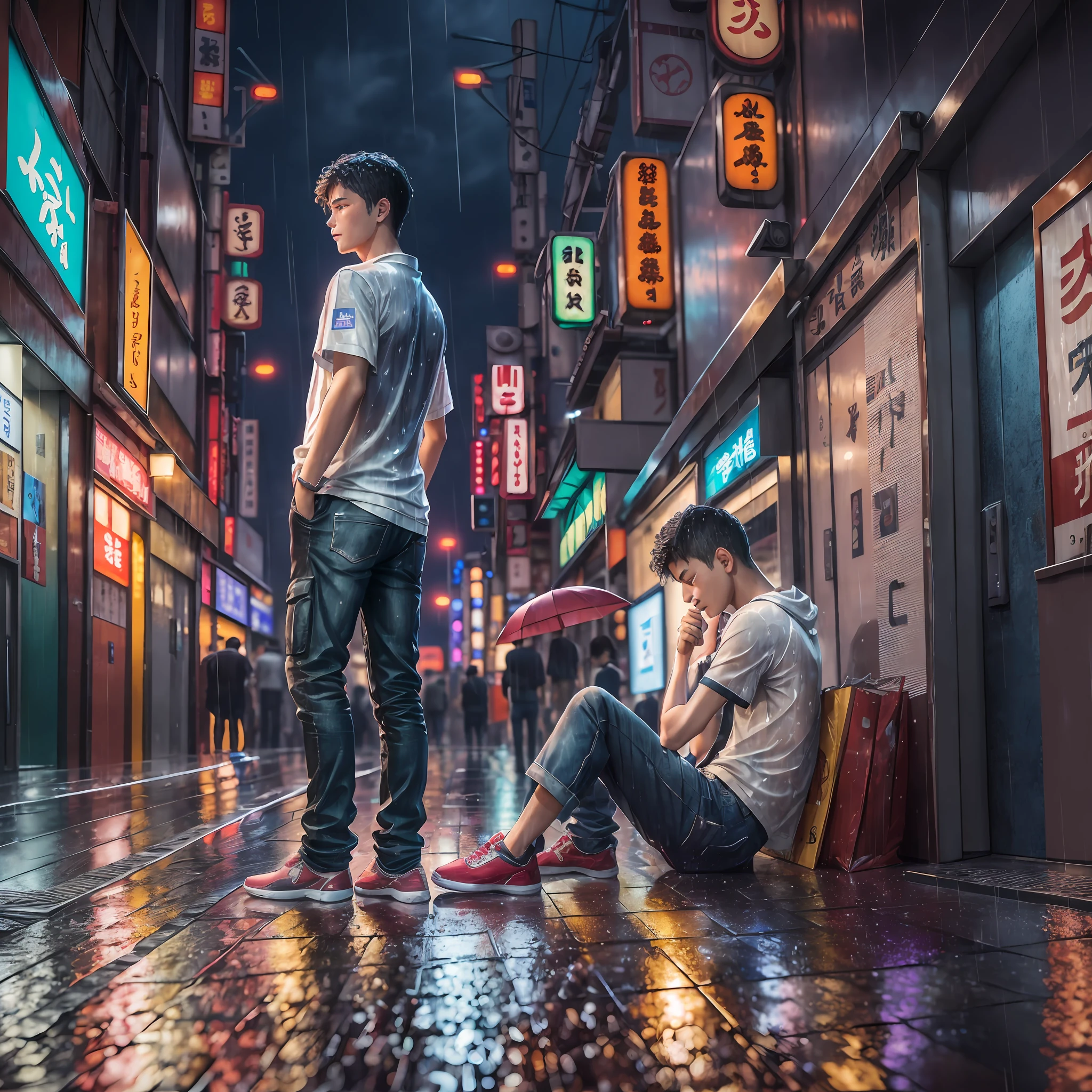 15 year old man, drunk and young man, drunk lying around, standing in the rain, trading dubious parcels, night streets of Tokyo, ultra realistic rendering, ultra realistic images, 3d live action images, urban rain, kabukicho city, tokyo night, niji5 --auto --s2