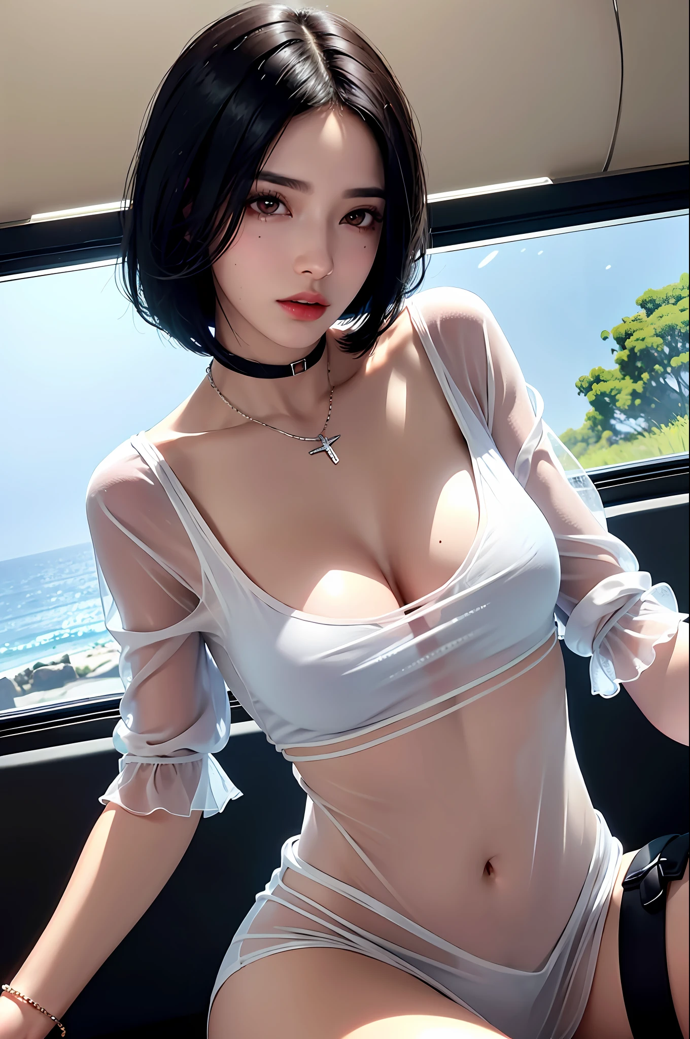 Black hair bob, (8k, RAW photo, photorealistic: 1.25), (very much lip gloss, many eyelashes, highest quality, ultra high resolution, depth of field, chromatic aberration, caustics, wide light, natural color, Japanese , Female in her 30s) Staring at the viewer, necklace, bracelet, choker, full body, big breasts, mole on chest, bare legs, see-through blouse