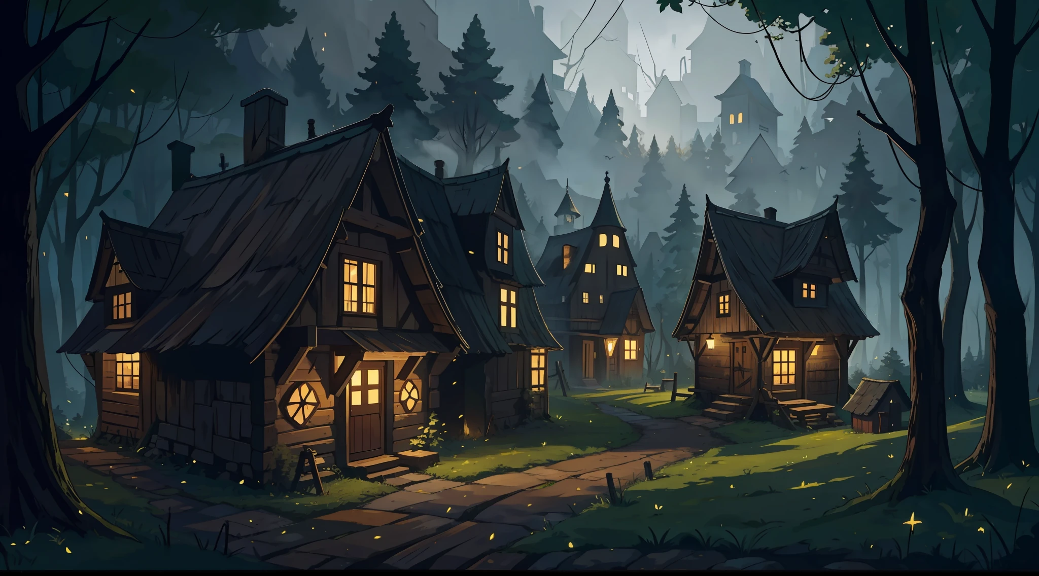 Create a Village in the middle of the forest, a medieval village with simple and humble wooden houses, a poor village, dark tones and grays, something dramatic in the middle of an impressive forest;