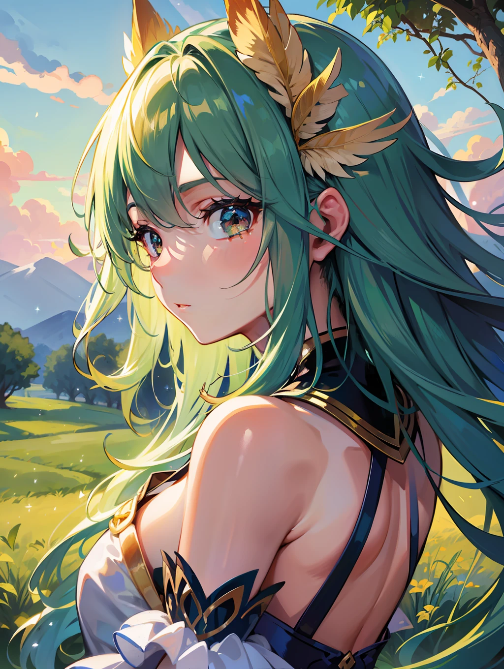 A  running in a meadow is depicted in a beautiful landscape. She wears a bright summer dress and exudes a graceful, free-spirited charm. Her hair is soaring in the blue sky and blowing in the wind (Floating Hair: 1.2). Her vibrant hair color blends with her clear skin to create an attractive appearance (golden ratio of beauty: 1.3). In the background, you can feel the beauty of nature with the lush grasslands and the expansive sky. The bright sunshine illuminates the whole area and enhances the elegant atmosphere (soft natural light: 1.1). Her girl is surrounded by fairies that give off a gentle glow, emphasizing her special presence (Fairy Ring: 1.2). She has beautiful feathers on her back, shimmering and reflecting her mystical personality (Glittering Feathers: 1.1). Delicate light particles dance and add a magical sparkle to your illustration, creating a magical atmosphere (magical sparkle: 1.3)