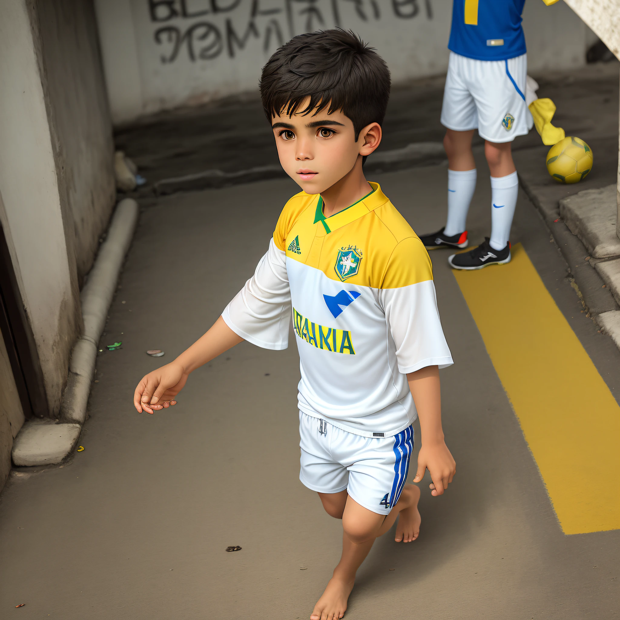 Boy of white color, short hair, dark blond and straight, with the yellow Brazil shirt emblazoned the name Brazil in the middle, playing barefoot ball alone, on a soccer field in the favela in the city of Rio de Janeiro, with the wonderful landscape of the tourist spot sugar loaf and Christ the Redeemer.