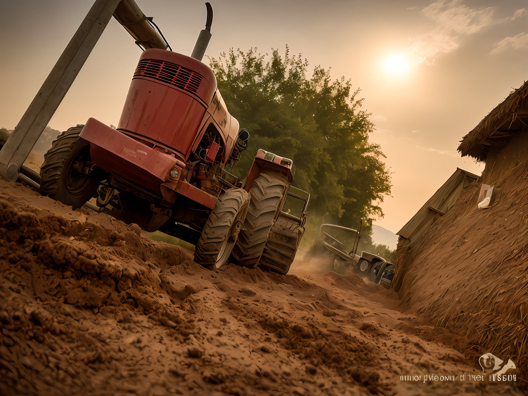 there is a red tractor parked on the side of a dirt road, photo taken in 2 0 2 0, captured with sony a3 camera, villagers busy farming, bottom angle, photo of poor condition, 1614572159, working hard, well built, very very low quality picture, taken with sony alpha 9