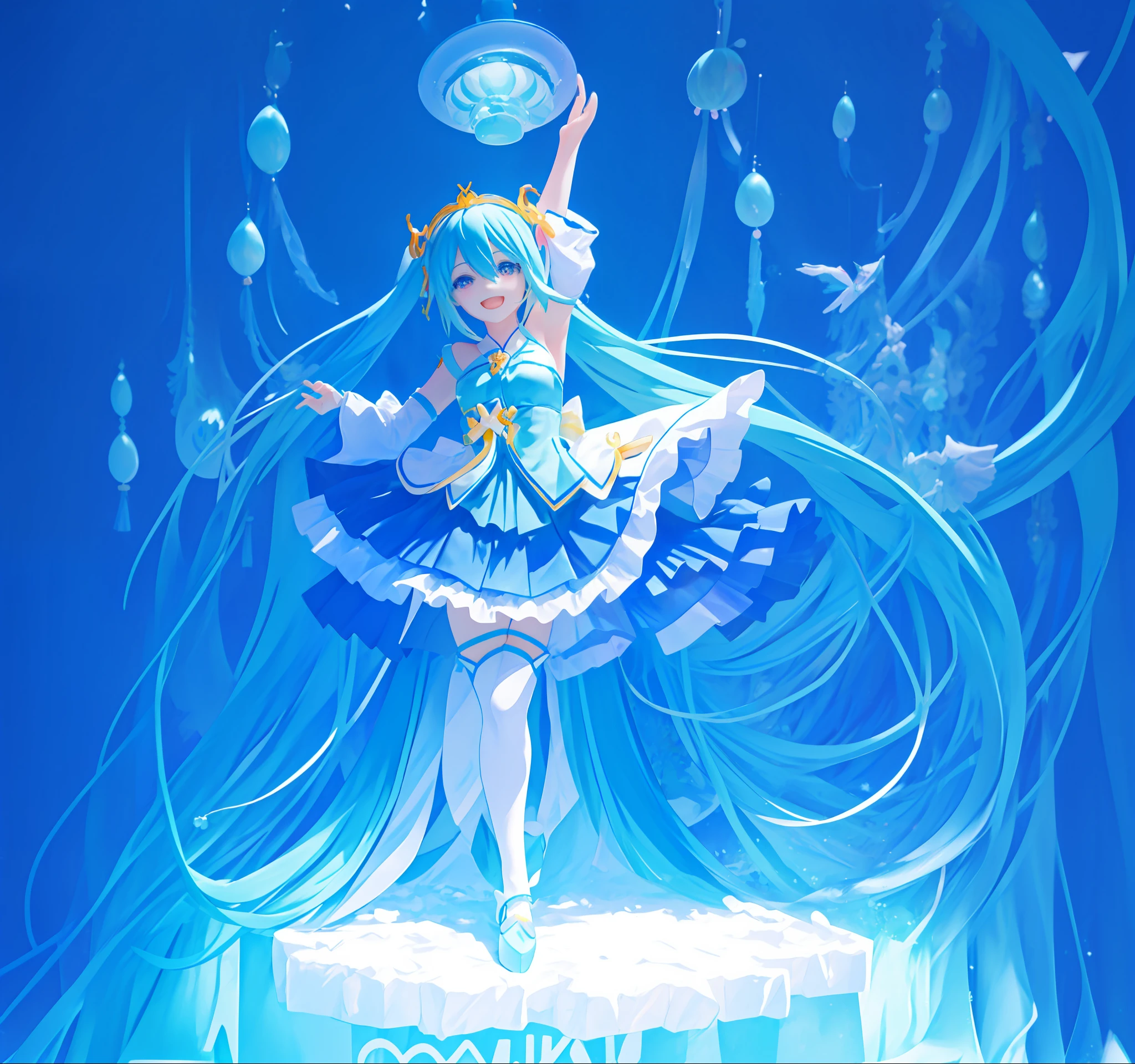 a close up of a person on a stage with a blue curtain, nightcore, vocaloid, in ryuuou no oshigoto art style, miku, pose(arms up + happy), hatsune miku, triumphant pose, anime moe artstyle, rei hino as a princess, !!full body portrait!!, jellyfish shrine maiden 8k, 2 d anime