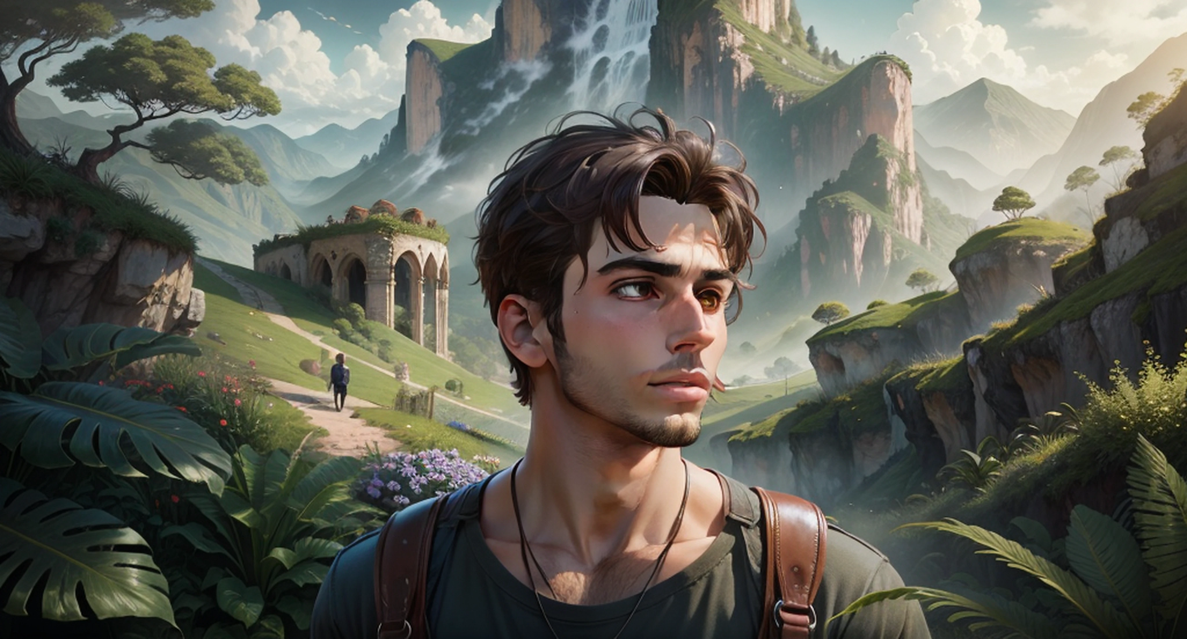 a traveling man with short brown hair in a lush landscape