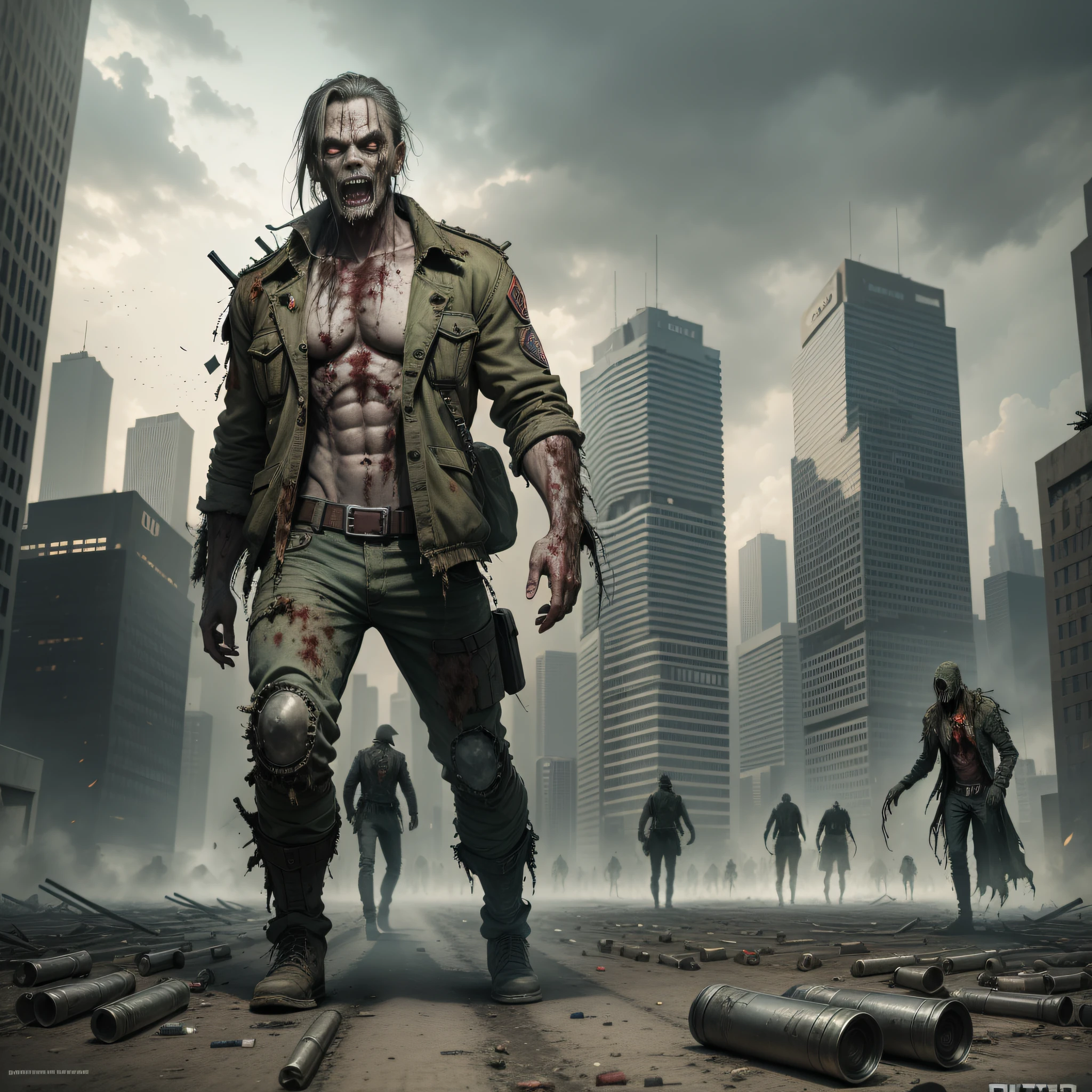 Zombies, decay, doomsday style, horror, a lot of bullet casings on the ground, a group of zombies behind, a city on fire, oppression, HD, 4K, a lot of details