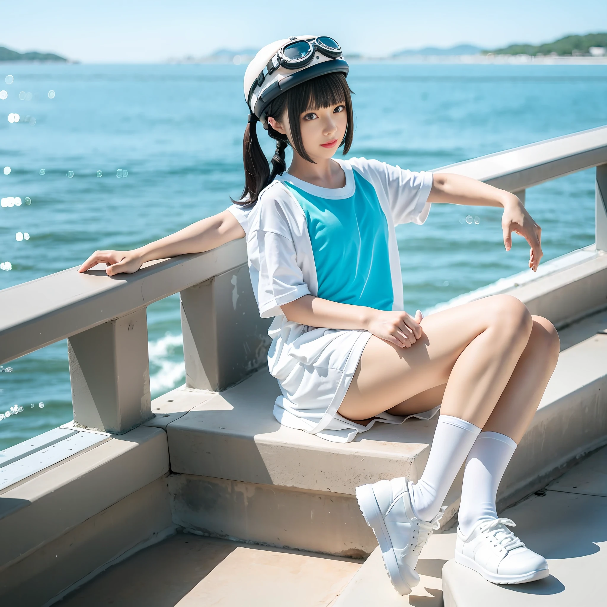 1girl, 3d, bangs, black_hair, blunt_bangs, blurry, blurry_background, blurry_foreground, bokeh, chromatic_aberration, depth_of_field, eyewear_on_head, figure, goggles, goggles_on_head, goggles_on_headwear, kneehighs, looking_at_viewer, motion_blur, photo_\(medium\), white_legwear, realistic, shoes, shorts, sitting, shoes, solo,horizon, ocean, outdoors, pool, poolside, railing,