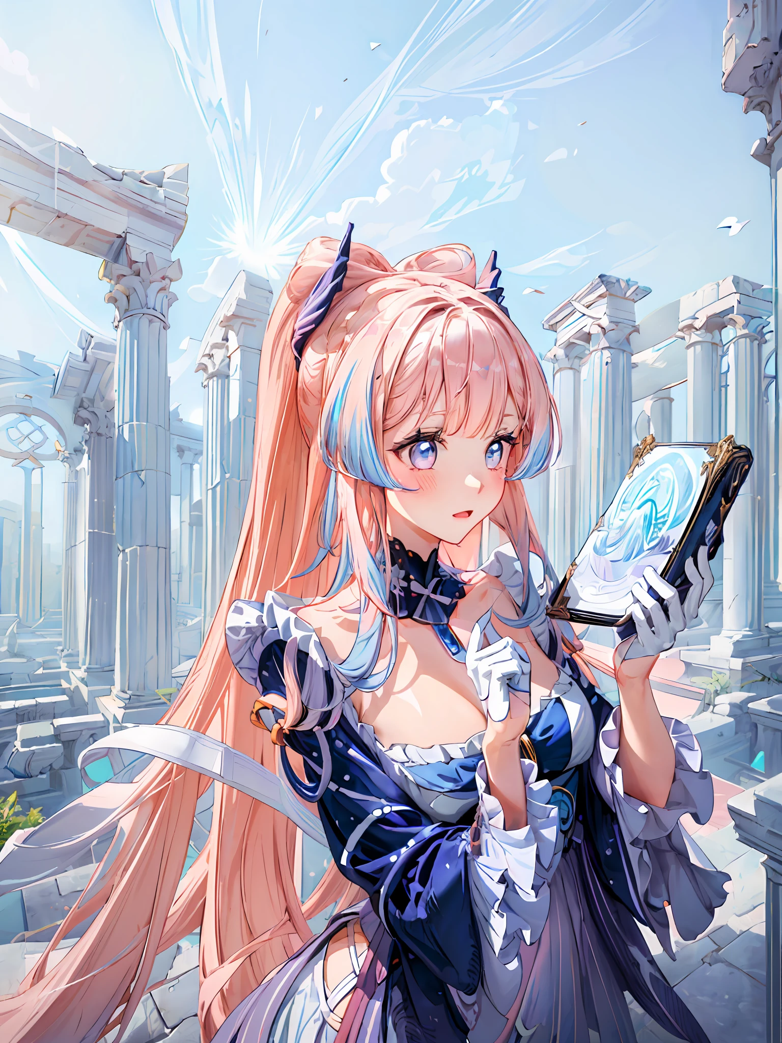 ((masterpiece,best quality)),(negative space:1.4),(1girl, solo:1.4),beautiful detailed eyes,floating pastel pink hair, breasts,long hair, long white stockings, white gloves, ancient ruins, columns, greek architecture, rays of light, holding a book