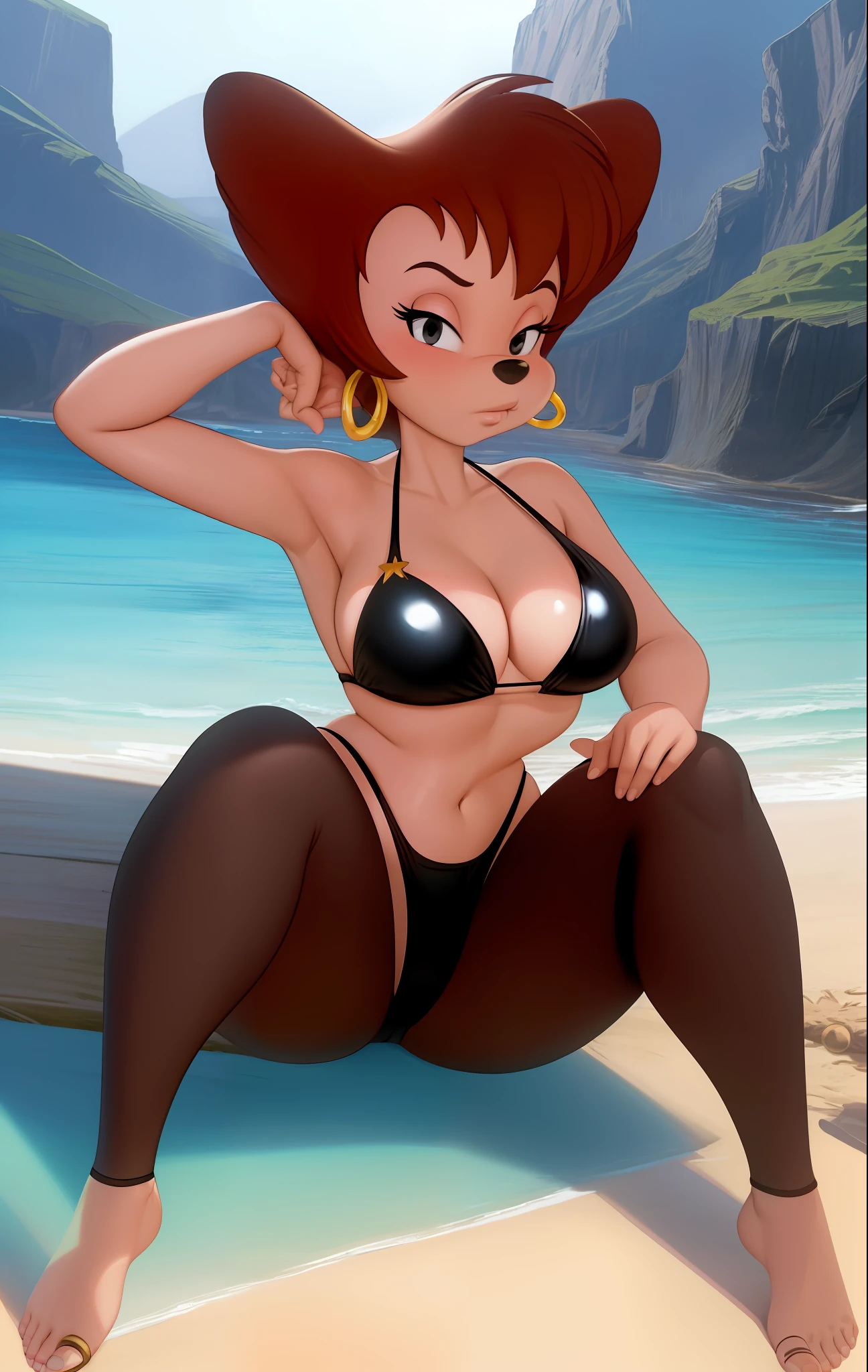 masterpiece, best quality, one girl, solo, detailed face, looking at the viewer, black eyes, gold hoop earrings, 4 fingers, detailed skin texture, (blush: 0.5), (goosebumps: 0.5), subsurface scattering, detailed skin texture, (blush: 0.2), (goosebumps: 0.3), sexual expression, portrait, pink one-piece swimsuit, high resolution, detailed beach background, black nose, sfw, goof troop, Disney, character, anthro, detailed fingers, legs apart, flirtatious posture, hands behind the head, detailed between legs, detailed tummy, sitting