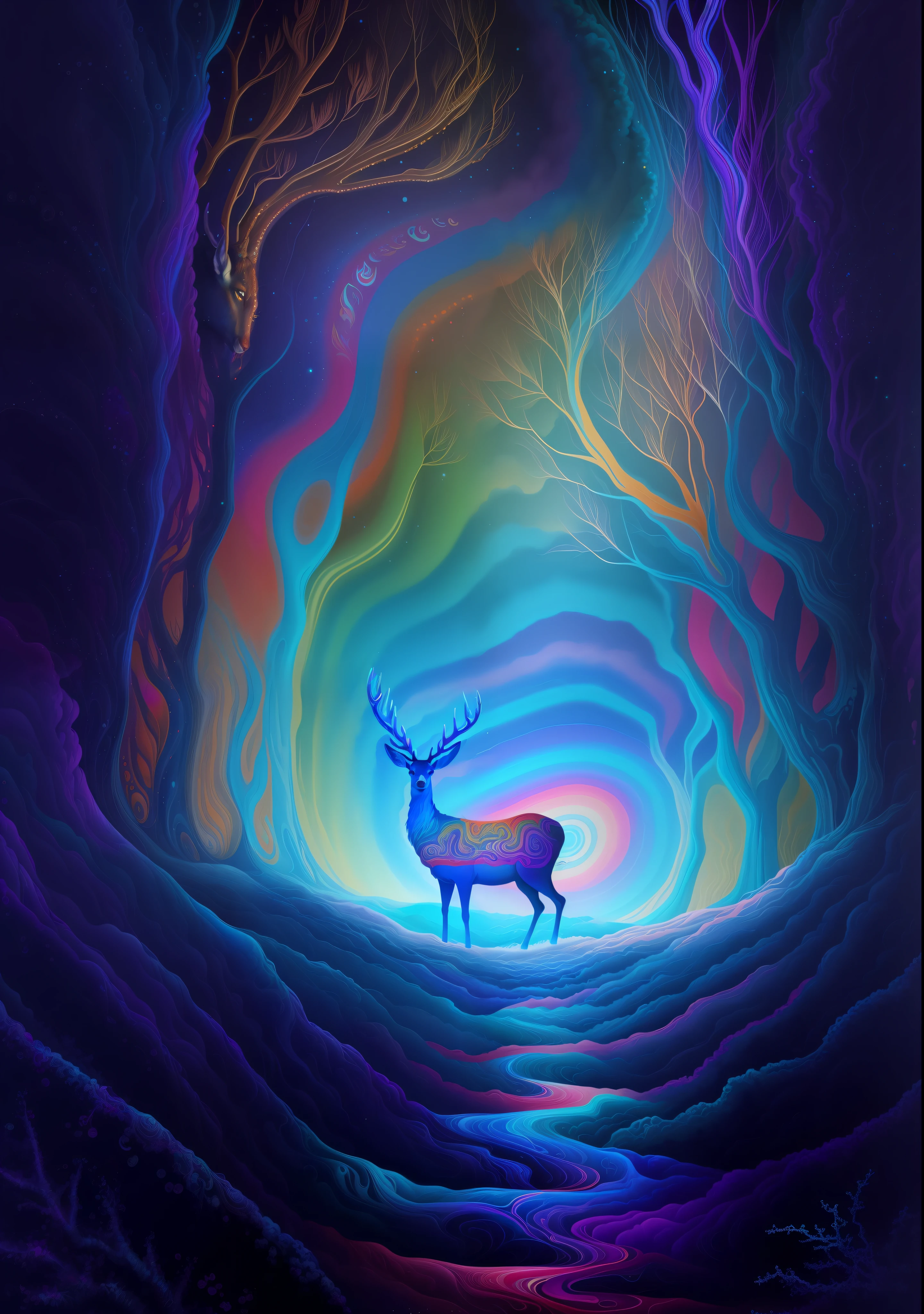 (Psychedelic painting of a deer standing in front of a swirl of colors), ((big antlers, stag, big head)), wave, multi-layered, foreground, perspective, fractal thunder Dan Mumford, Dan Mumford and alex gray style, psychedelic surreal art, surreal psychedelic design, fantasy art style, illusion psychedelic art, infinite psychedelic waves, inspired by cyril rolando, real Ripple structure, psychedelic art style, psychedelic art, psychedelic illustration--V6