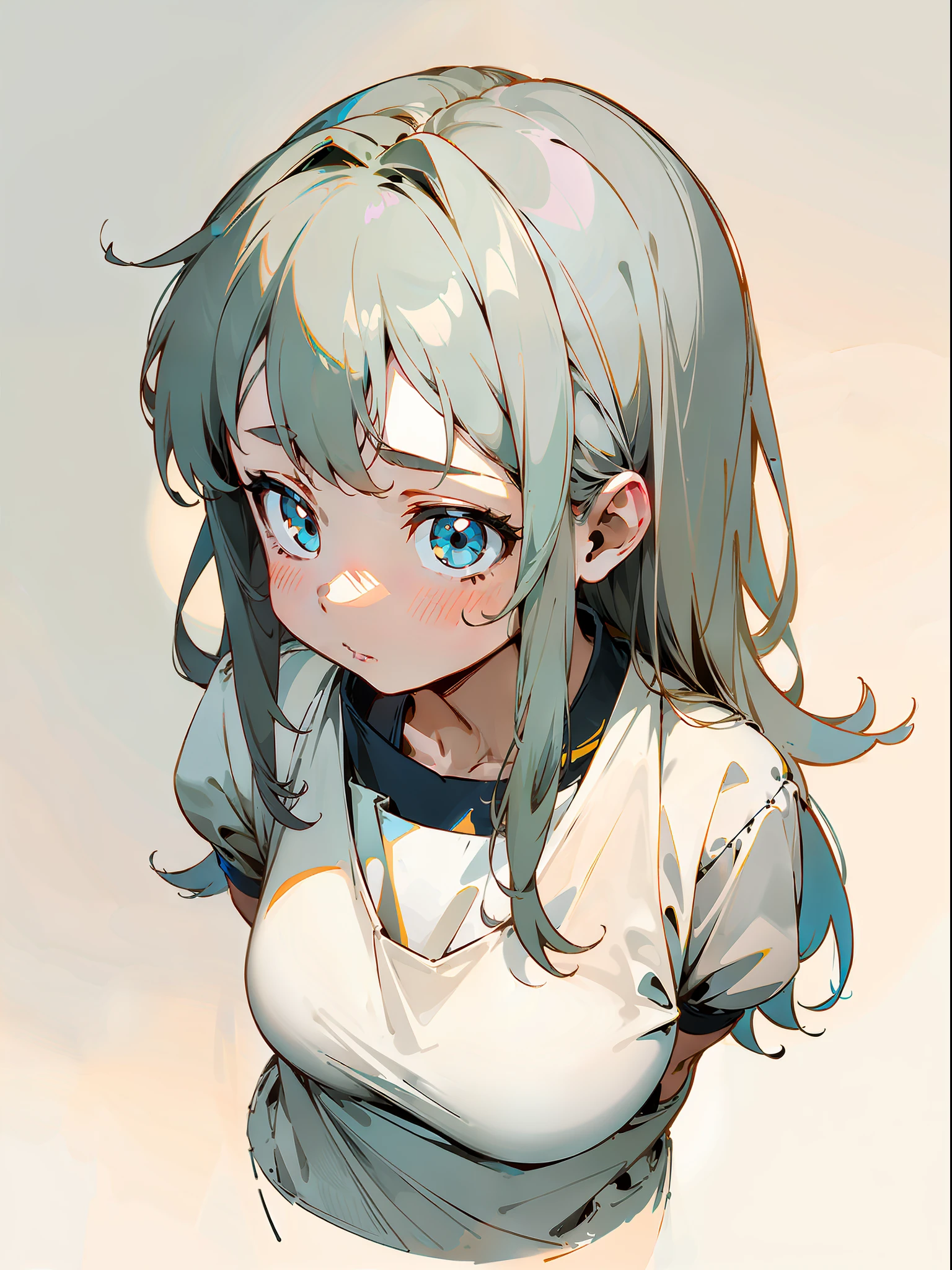 ((Best Quality)), ((Flat Color))), Thick Outline, (Limited Color Palette), Medium Lens, Bright Soft Diffuse Light, Depth of Field, , Upper Body, From Above, gym_uniform