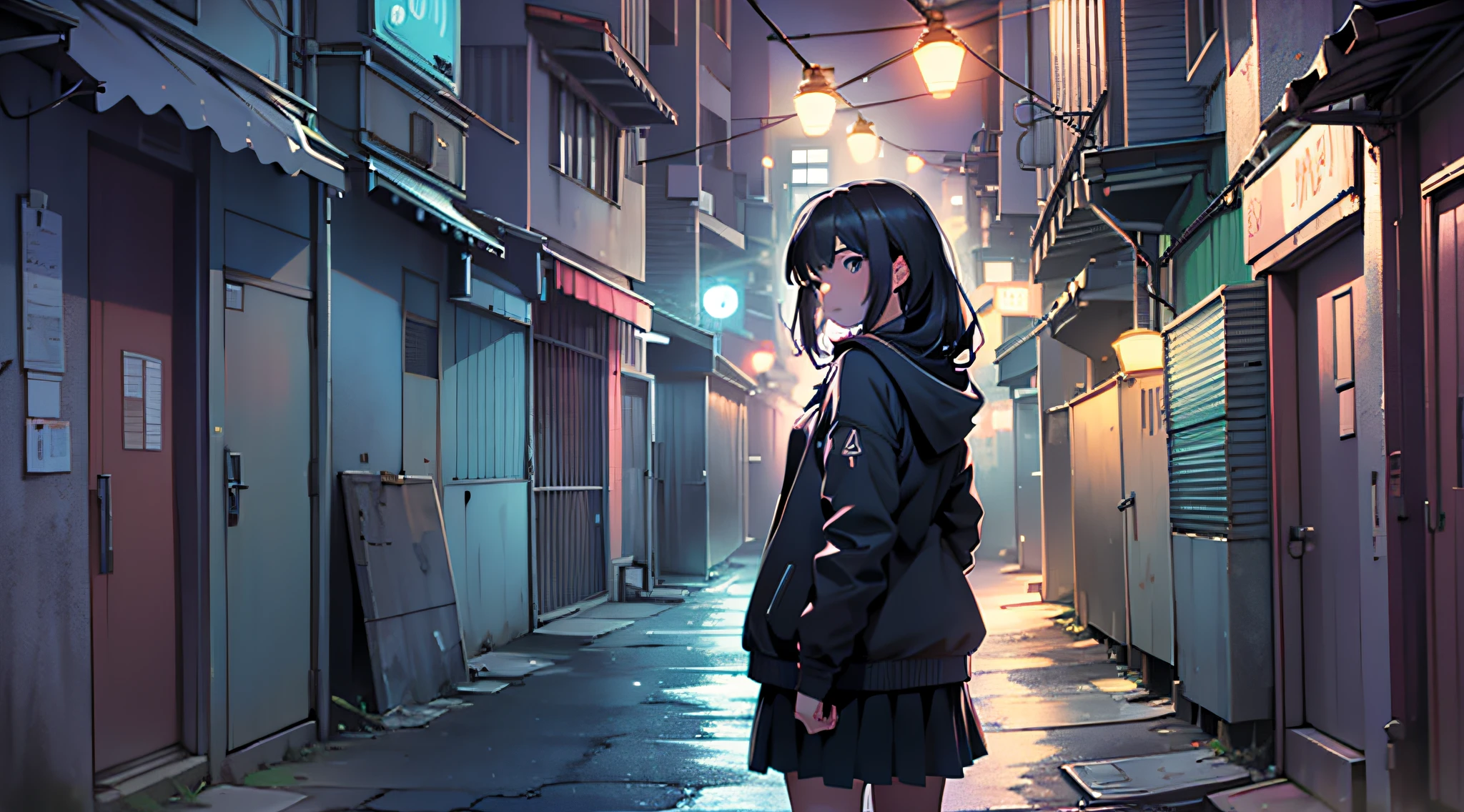 In the city at night, in a dark back alley, a girl hides in the dark