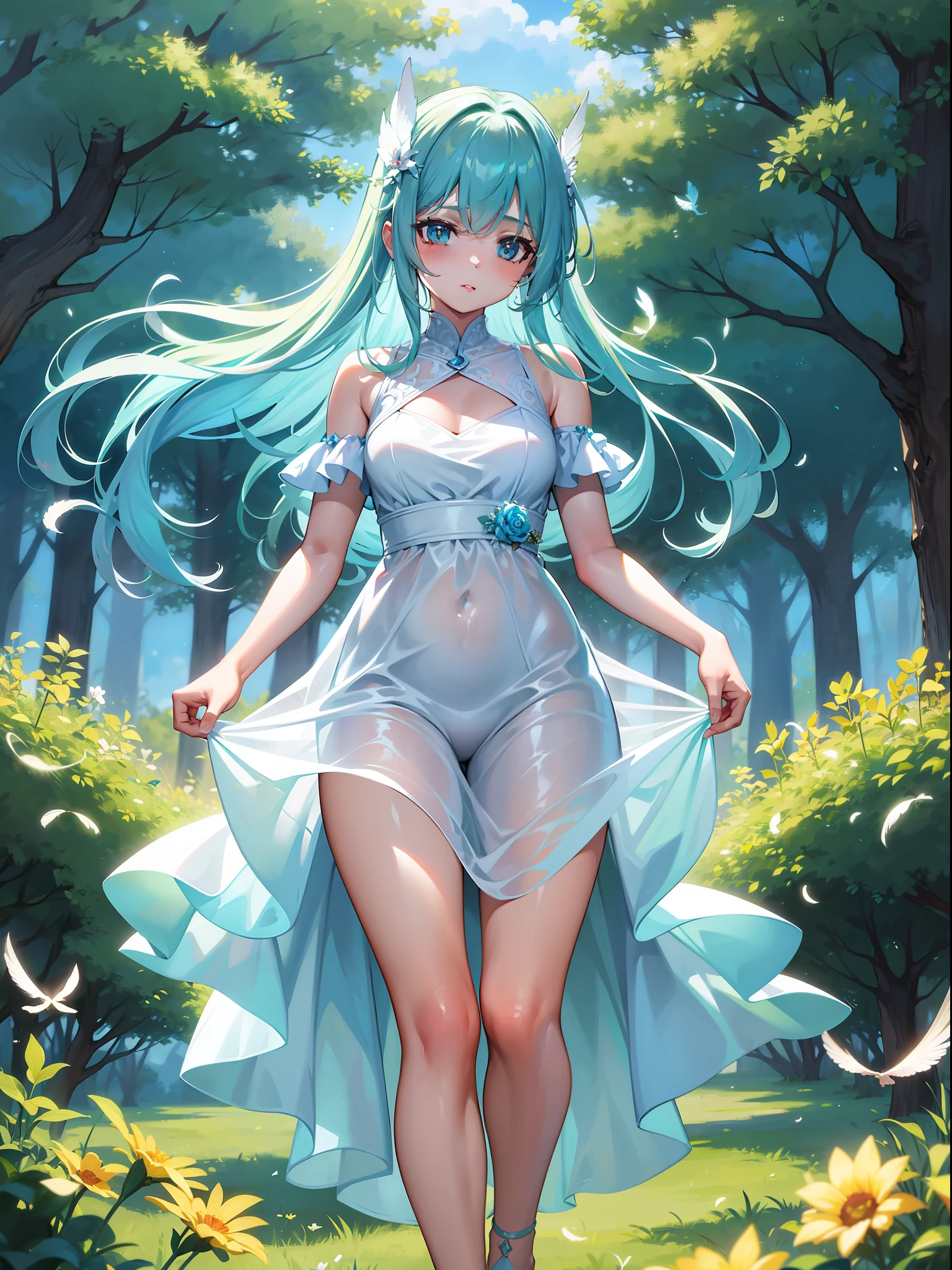 A 15-year-old girl running in a meadow is depicted in a beautiful landscape. She wears a bright summer dress and exudes a graceful, free-spirited charm. Her hair is soaring in the blue sky and blowing in the wind (Floating Hair: 1.2). Her vibrant hair color blends with her clear skin to create an attractive appearance (golden ratio of beauty: 1.3). In the background, you can feel the beauty of nature with the lush grasslands and the expansive sky. The bright sunshine illuminates the whole area and enhances the elegant atmosphere (soft natural light: 1.1). Her girl is surrounded by fairies that give off a gentle glow, emphasizing her special presence (Fairy Ring: 1.2). She has beautiful feathers on her back, shimmering and reflecting her mystical personality (Glittering Feathers: 1.1). Delicate light particles dance and add a magical sparkle to your illustration, creating a magical atmosphere (magical sparkle: 1.3), UHD, retina, masterpiece, ccurate, anatomically correct, textured skin, super detail, high details, high quality, award winning, best quality, highres, 1080P, HD, 4K, 4K, 16k