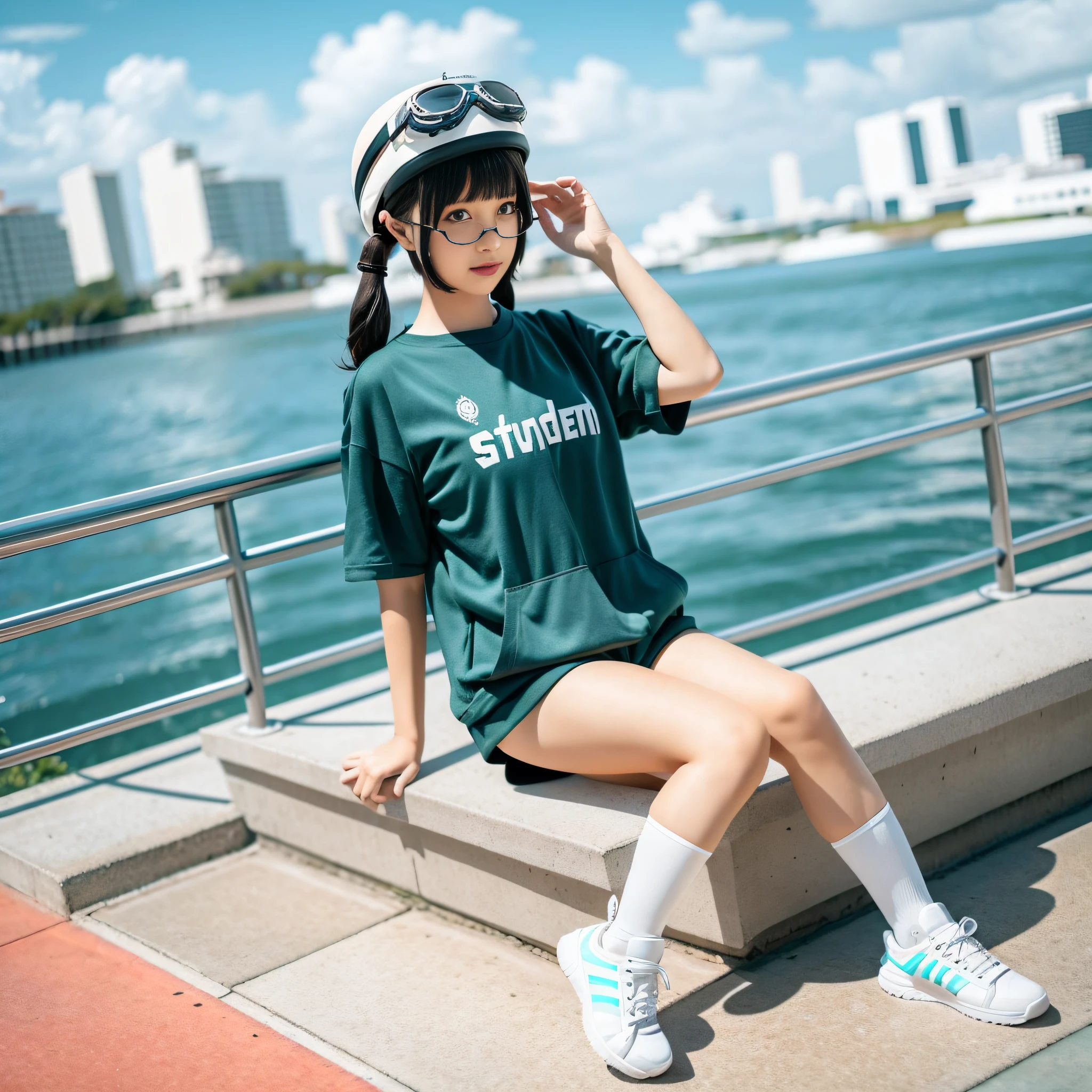 1girl, 3d, bangs, black_hair, blunt_bangs, blurry, blurry_background, blurry_foreground, bokeh, chromatic_aberration, depth_of_field, eyewear_on_head, figure, goggles, goggles_on_head, goggles_on_headwear, kneehighs, looking_at_viewer, motion_blur, photo_\(medium\), white_legwear, realistic, shoes, shorts, sitting, shoes, solo,horizon, ocean, outdoors, pool, poolside, railing,