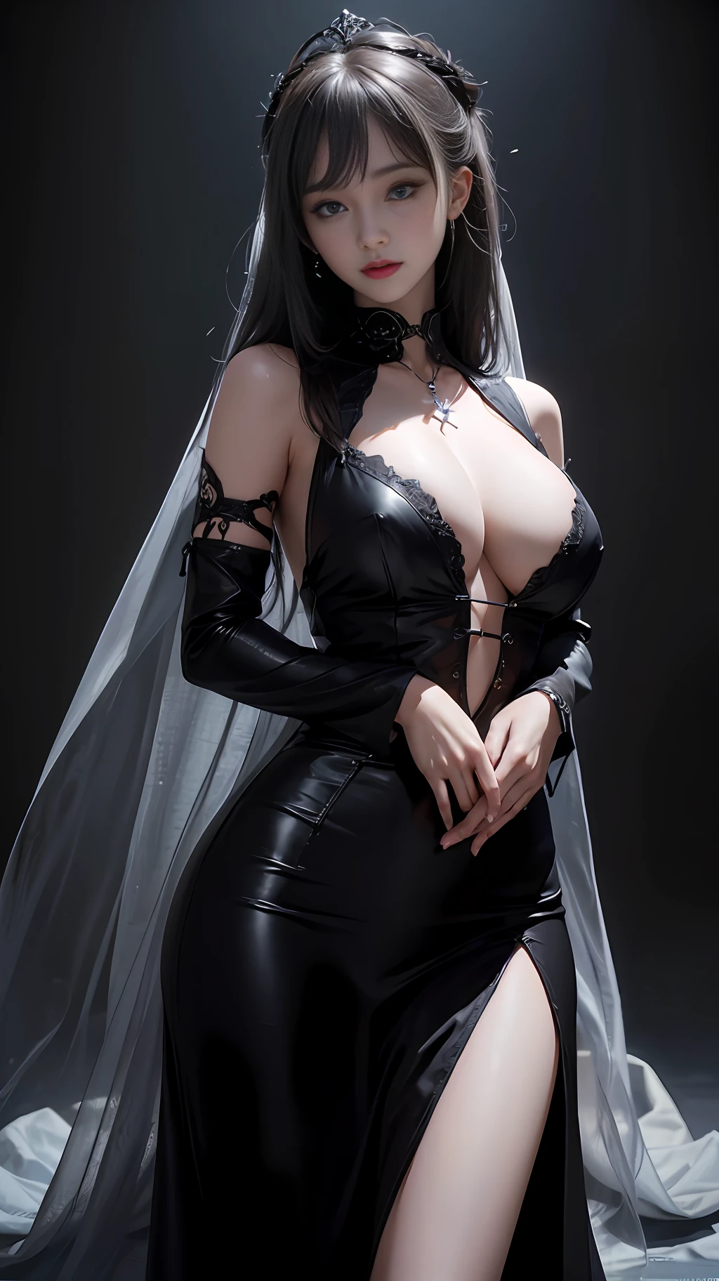 (CG Unity 8K wallpaper in extreme detail, masterpiece, highest quality), 2 girls, transparent clothes, gothic, hugged from below, (lens below) looking at the camera, lips open, shyness, enjoyment, breasts, beauty, perfect figure, cinematic lens, diffuse