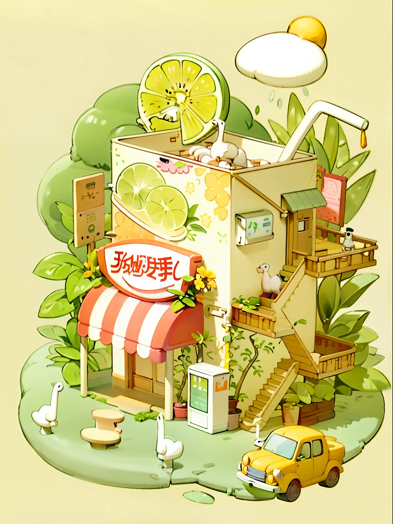 Masterpiece, best quality, cartoon, 3D, illustration of a cat on it, small shop of a building and car with the exterior of lemon yogurt pack, three-story with roof, cute detailed digital art, inspired by Yanagawa Shinda, cute illustration, isometric illustration fun, isometric game art, isometric 2D game art, isometric illustration, detailed game art, isometric art, detailed 2D illustration, pixel art isometric drawing,